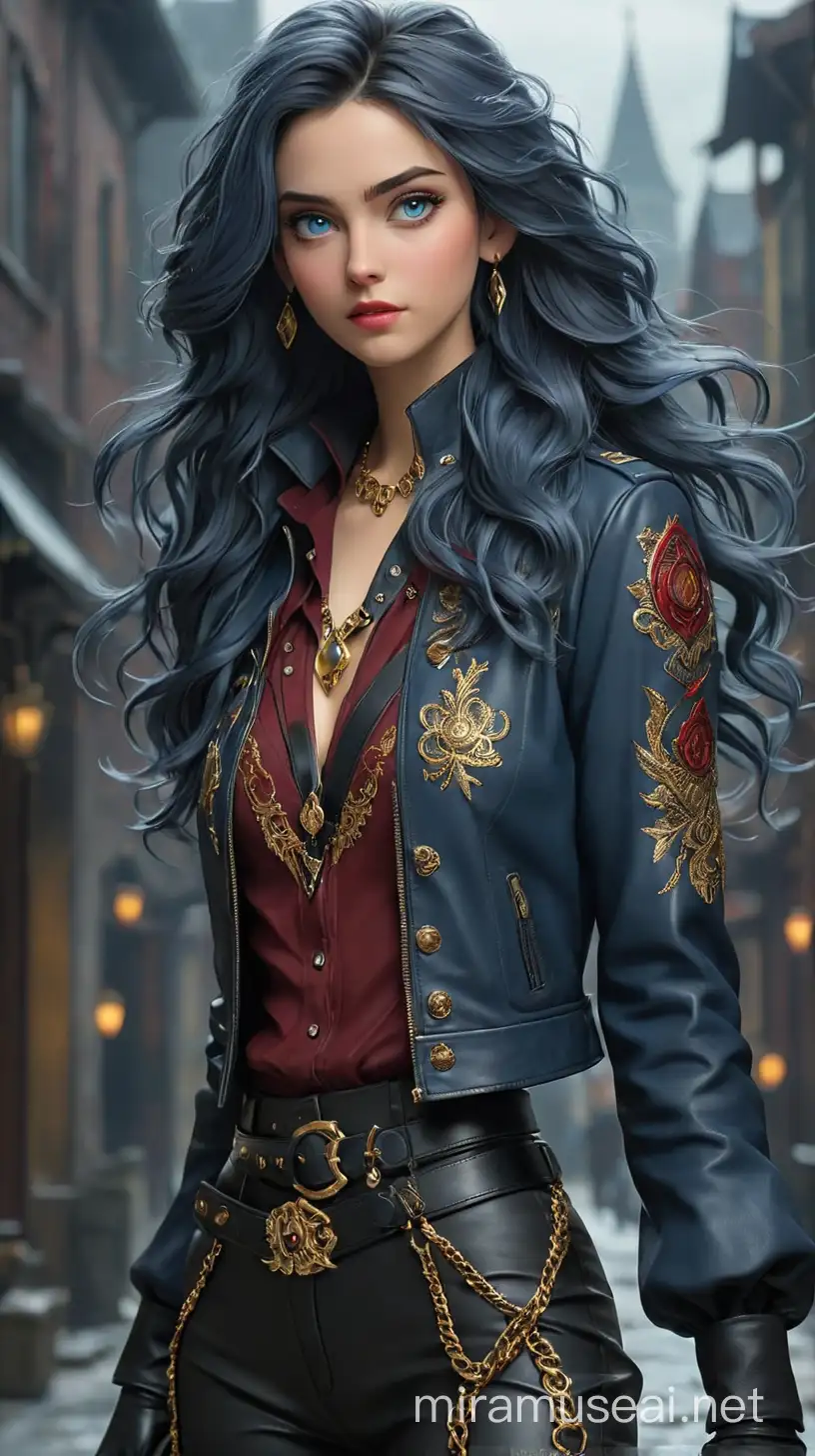 A Teenage Girl who is tall and striking, with long, flowing midnight-blue hair that cascades down her back in loose waves. Her piercing ice-blue eyes are framed by thick, dramatic lashes, and her porcelain skin is flawlessly pale. She possesses an elegant and statuesque figure, with sharp cheekbones and a regal posture that commands attention wherever she goes. Her outfit exudes a mix of dark academia and gothic elegance, perfectly reflecting her lineage as the daughter of the Evil Queen. She wears a fitted blue leather jacket adorned with intricate silver and golden embroidery, reminiscent of royal insignias. Beneath the jacket, she dons a flowing dark crimson blouse with billowing sleeves, cinched at the waist with a wide black leather belt embellished with gleaming gold apple buckles. Her lower half is clad in sleek black leather pants, tailored to perfection and tucked into knee-high combat boots adorned with silver studs and buckles. Around her neck, she wears a chunky silver pendant featuring a blood-red gemstone, adding a touch of sinister allure to her ensemble. To complete her look, The Girl accessorizes herself with black leather gloves adorned with golden accents and carries a blue leather satchel with intricate detailing, containing her miniature hand mirror and her makeup kits. Overall, her attire is a bold mix of bold blues, dark reds, and rich blacks, with golden and silver accents adding an extra layer of sophistication and mystery. 