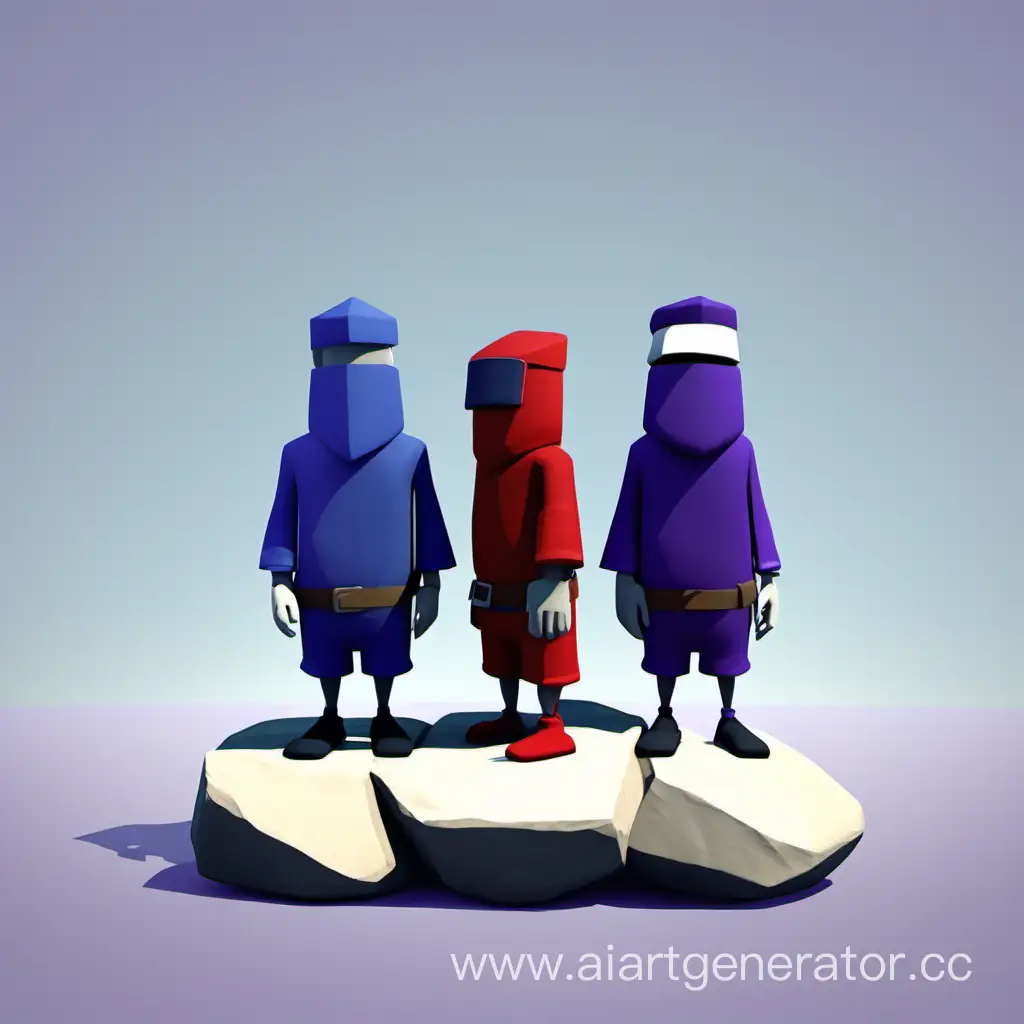 3 одинаковых персонажа  как в Human Fall Flat стоят рядом на белом фоне.. Красный синий и фиолетовый. Один колено поставил на камень