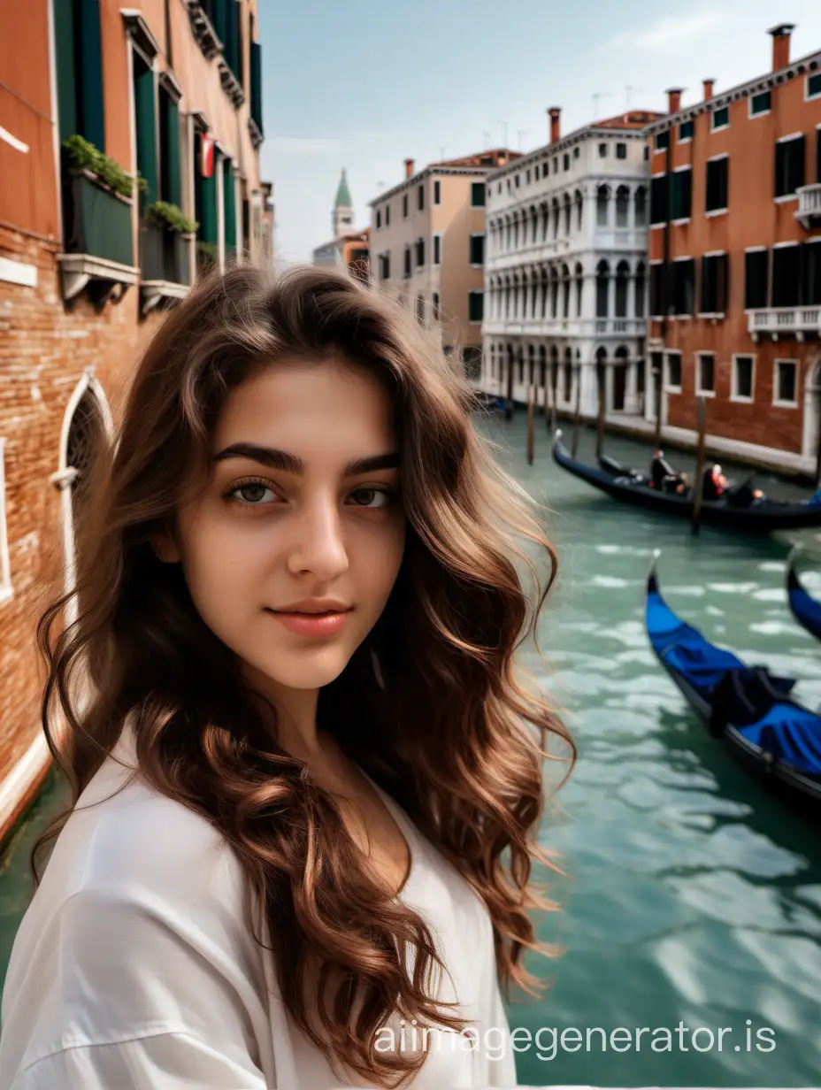 A photo of Michela, an Italian prosperous girl just came back from college with brown wavy hair, taking a walk around Venice streets