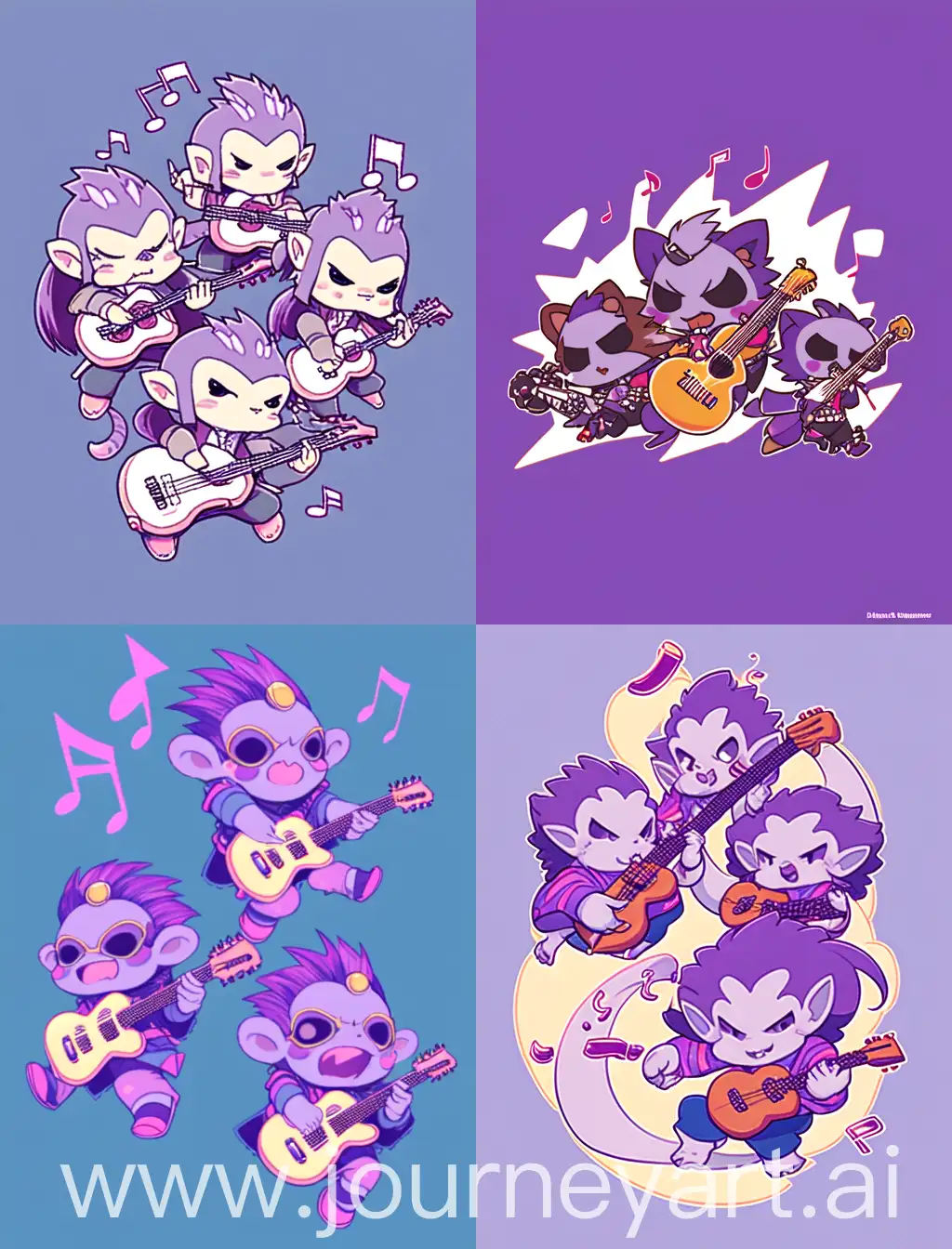 chibi monkeys playing guitar, with purple solid background, strong lines