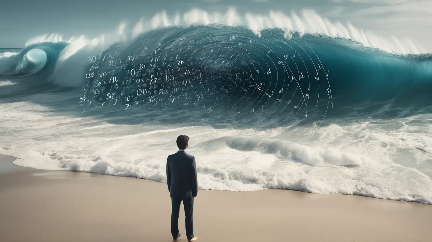 Data Deluge Surreal Beach Scene with a Tidal Wave of Information