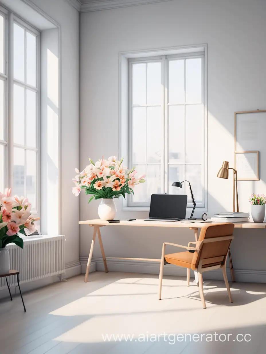 Светлый и просторный кабинет. Стол, кресло, диван, окно и цветы. Минималистический стиль.