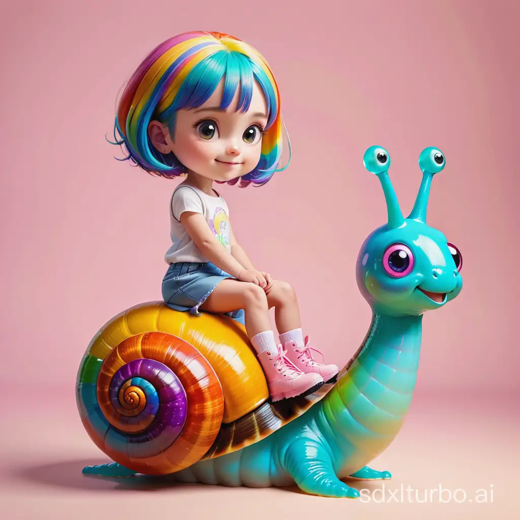 A girl riding a colorful snail with short hair.