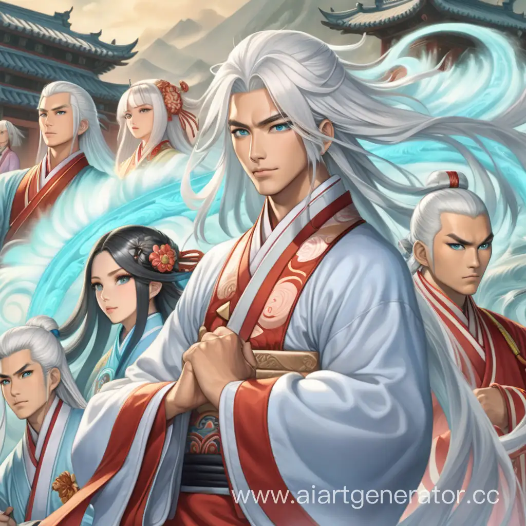 A young man with white hair, light blue eyes, tanned, dressed in traditional Chinese clothing, stands surrounded by wind spirit servants.