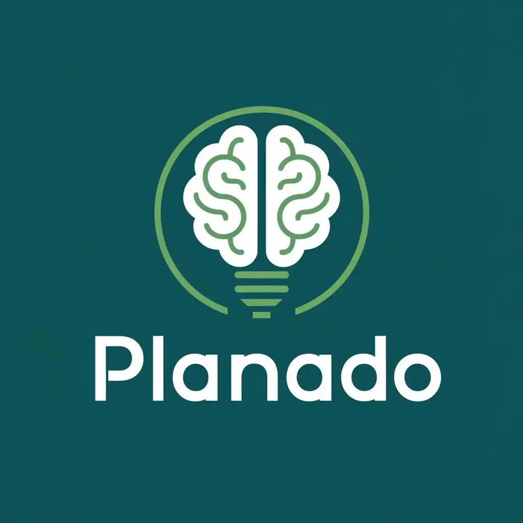 logo, brain like a bulb with small lines around the bulb green inside the double circle blue text color, with the text "PLANADO", typography