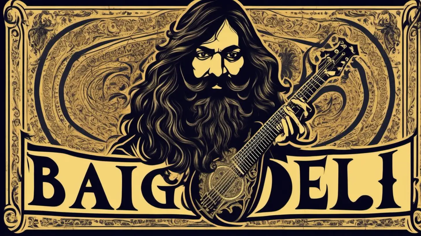 concert poster with title BAIG DELI. a handsome indian man with mustache and long hair, an arab guitarist with beard and long hair. in the style of opeth