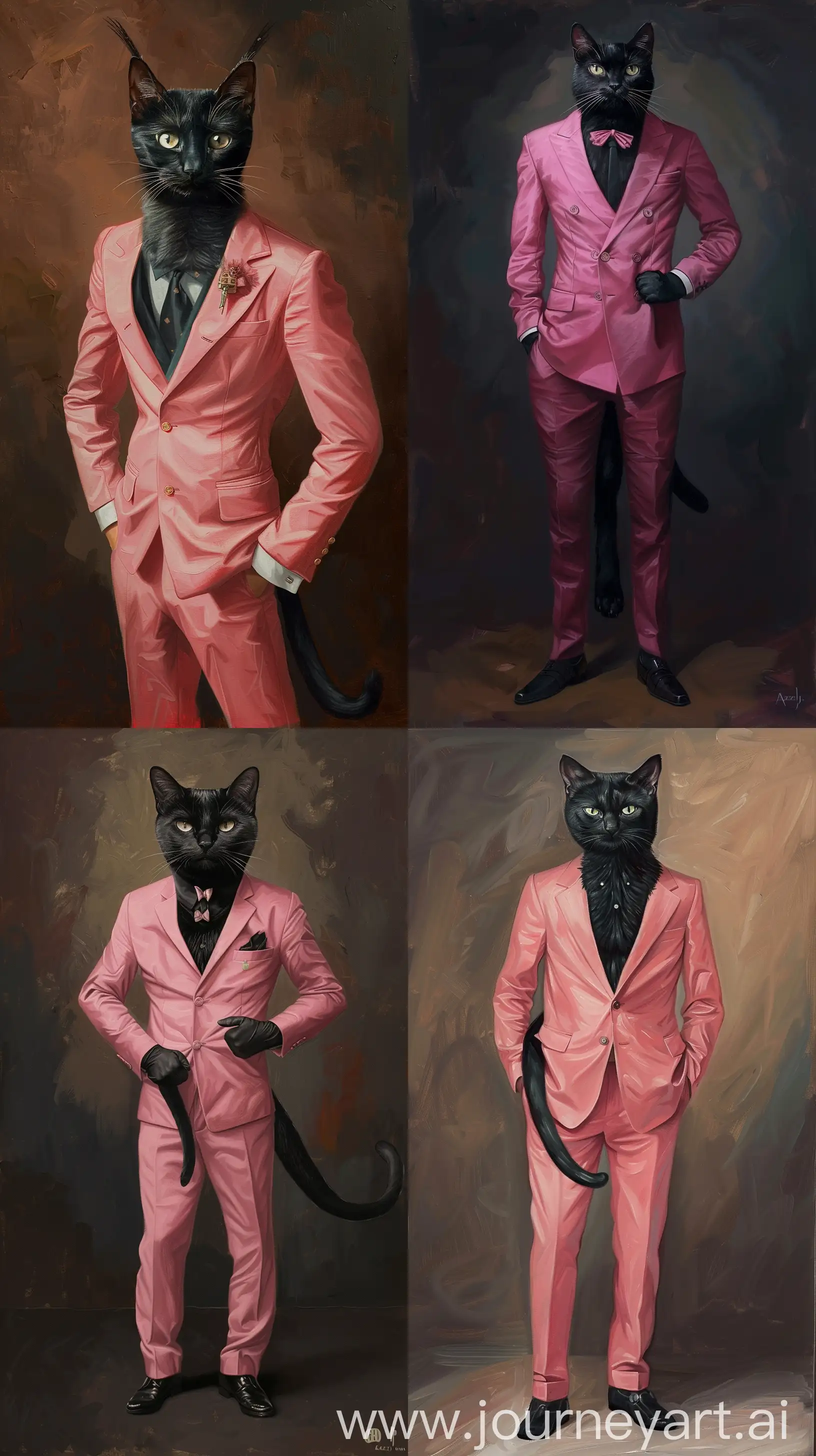 Alexej von jawlensky painting art style of a black cat as a man in a pink suit , serious, as a phone wallpaper , 8k uhd Maximalist Details , full body standing, --ar 9:16