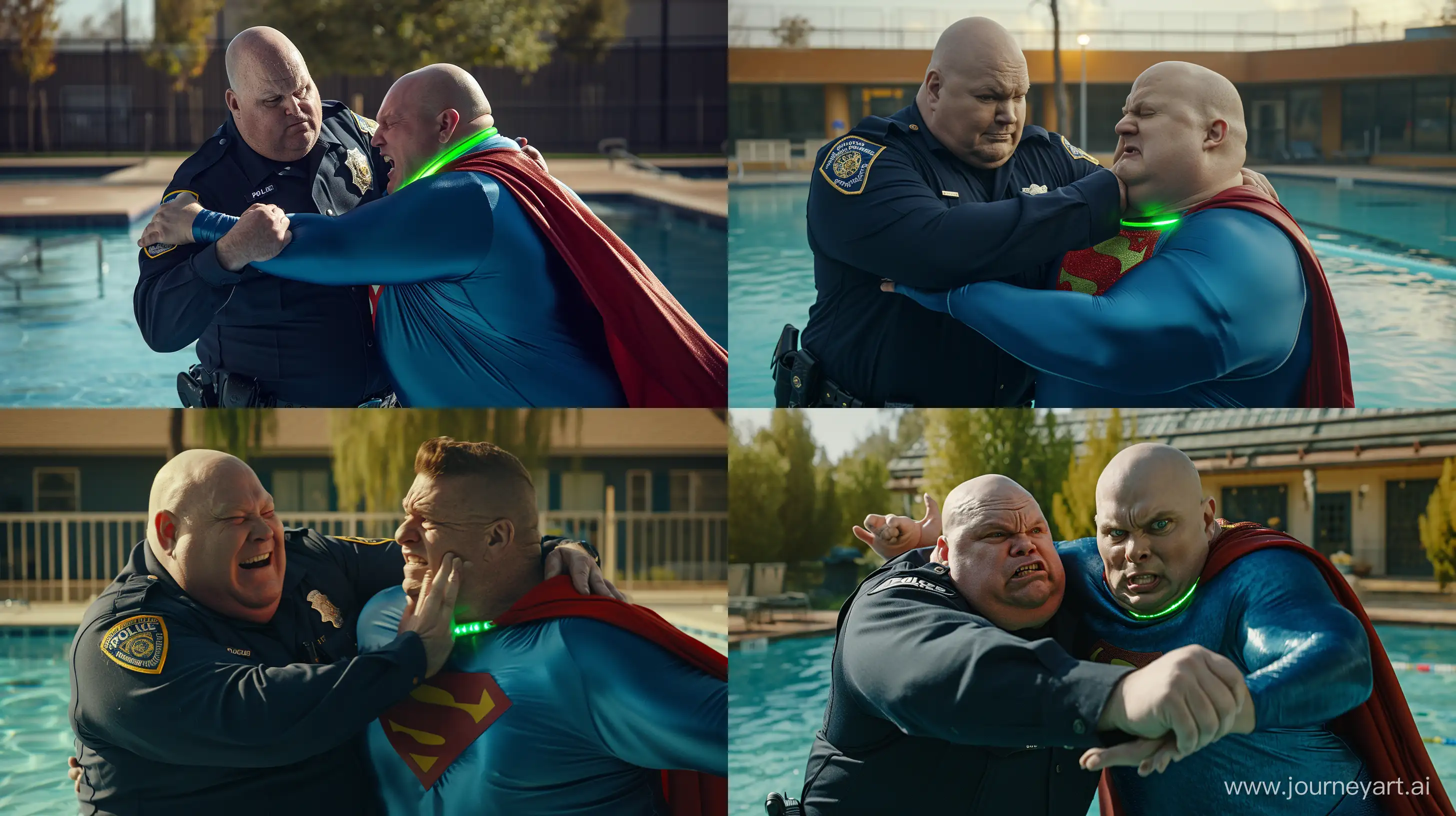 A closeup photo of a serious chubby man aged 60 wearing a long-sleeved navy police uniform crushing another chubby man aged 60 wearing a tight blue silky superman costume with a large red cape and a green glowing small short dog collar. Swimming Pool. Outside. Natural light. Bald. Clean Shaven. --style raw --ar 16:9 --v 6