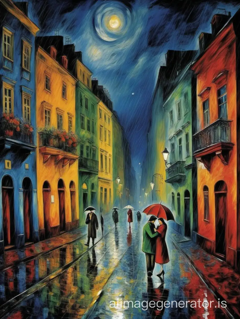 Rue dans la nuit sous la pluie à Saint Petersbourg façon Chagall