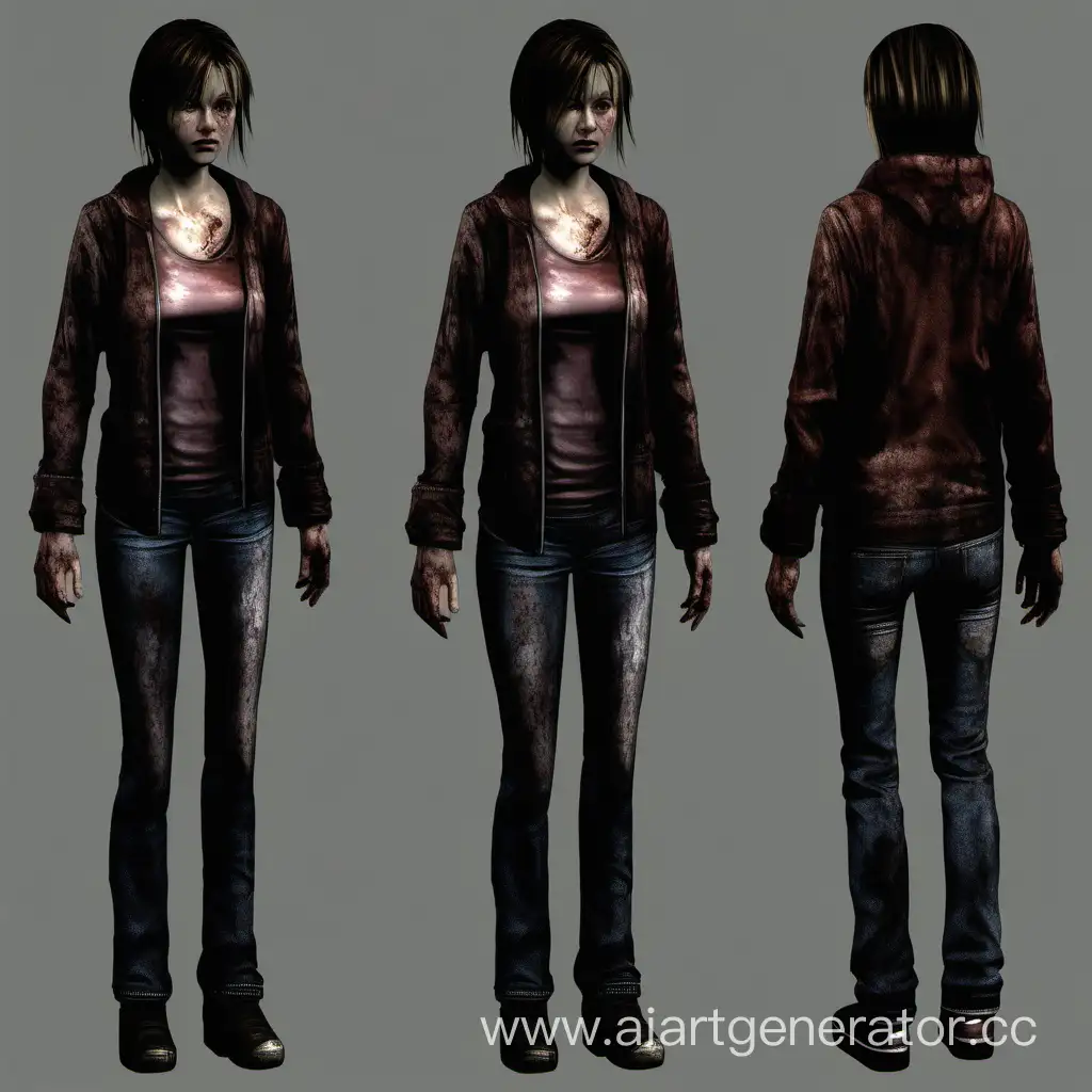 depressed skinny teenage girl with sad brown eyes, with a pretty, but sad and melancholic appearance, and long brown hair she is 15 years old, she pressed her hands to herself and looks into the distance, 3d style of the game silent hill 2, old graphics of the old game, ps2, old graphics of the game on silent hill 2, he is wearing a gray soft oversize jacket, a black t-shirt, wide jeans and black sneakers, she had black fingerless gloves on her hands, and she also had painted nails,. the oldest, dark graphics of old games from 2001, silent hill, atmospheric graphics of the old silent hill 2, graphics of the old game silent hill 2, cutscenes, full-length, action movie character image, detailed design. a character in the style of the silent hill 2, old dark game graphics ps1 game playstation 1
