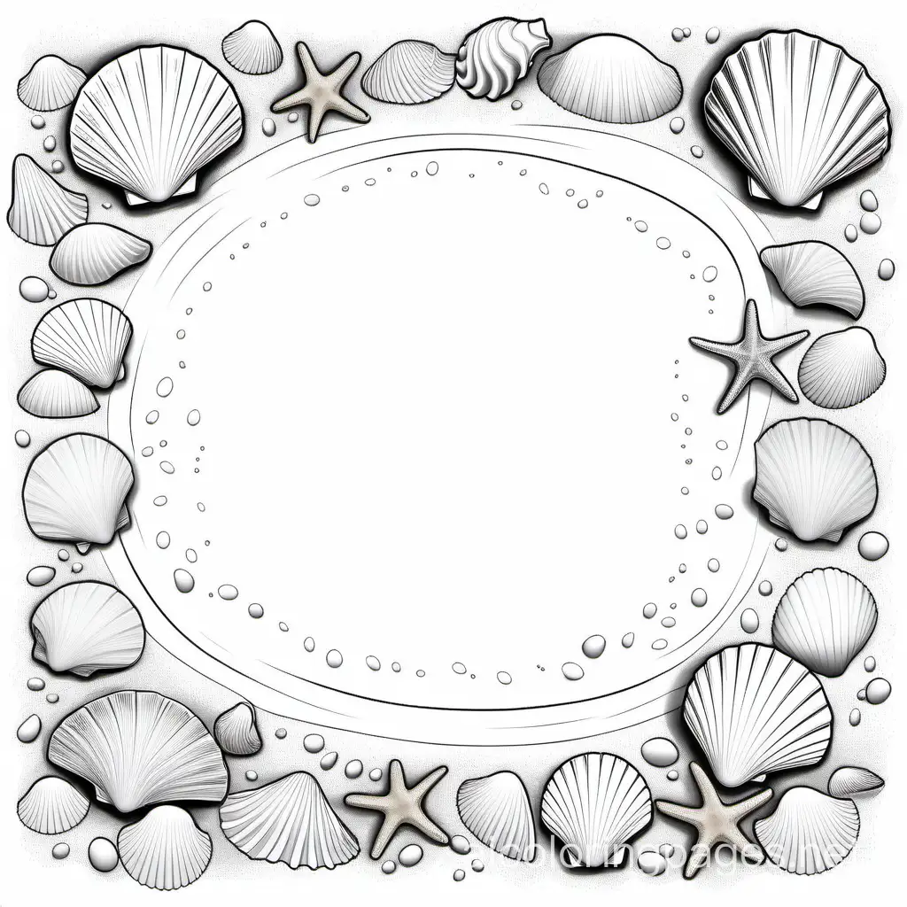 sand beach with seashells , Coloring Page, black and white, line art, white background, Simplicity, Ample White Space. The background of the coloring page is plain white to make it easy for young children to color within the lines. The outlines of all the subjects are easy to distinguish, making it simple for kids to color without too much difficulty