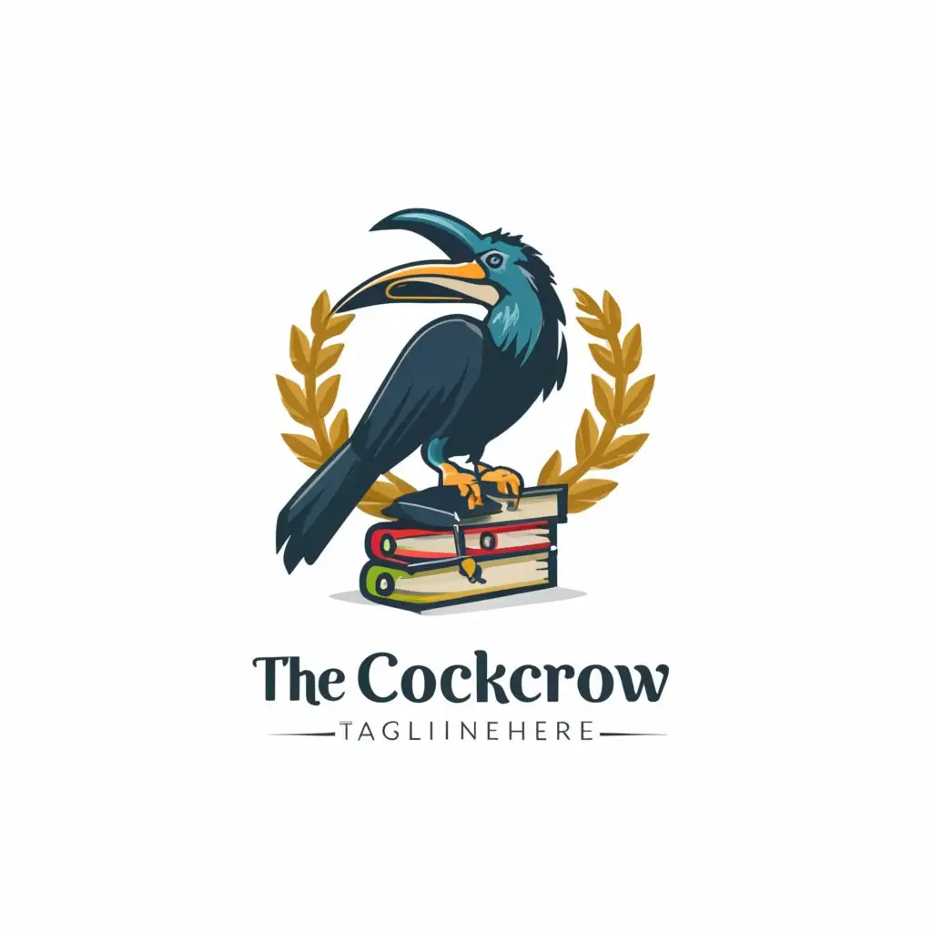 a logo design,with the text "The Cockcrow", main symbol:A blue hornbill with a gold quill and a green laurel,complex,be used in Education industry,clear background