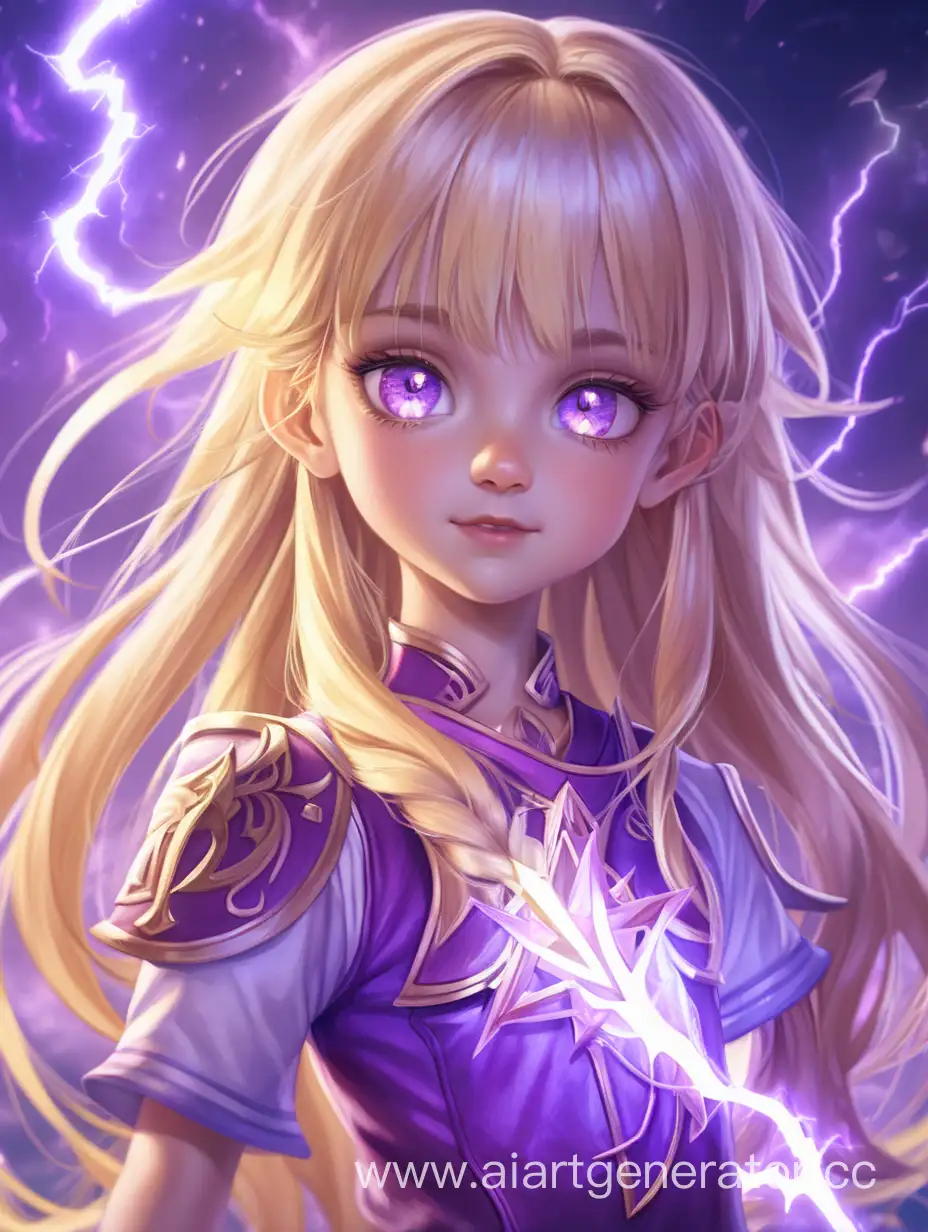 Маленькая девочка бландинка красавица с с фиолетовыми. Свитащими глазами с длинными волосами героиня магии огня и молнии