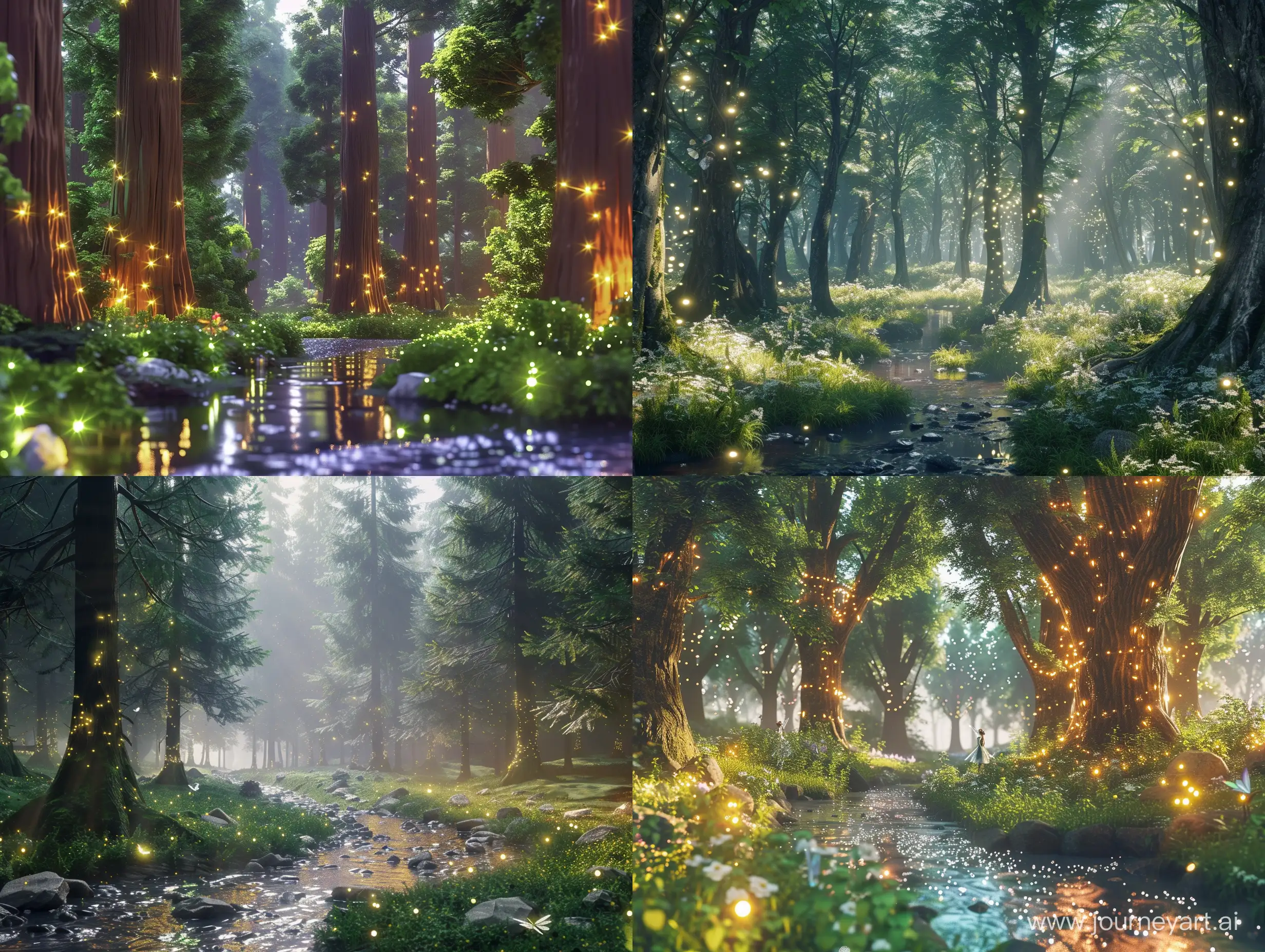 Magical forest, ue5 , hyper realistic, stream, fairies, glistening light, tall trees --v 6 --ar 4:3 --no 39837