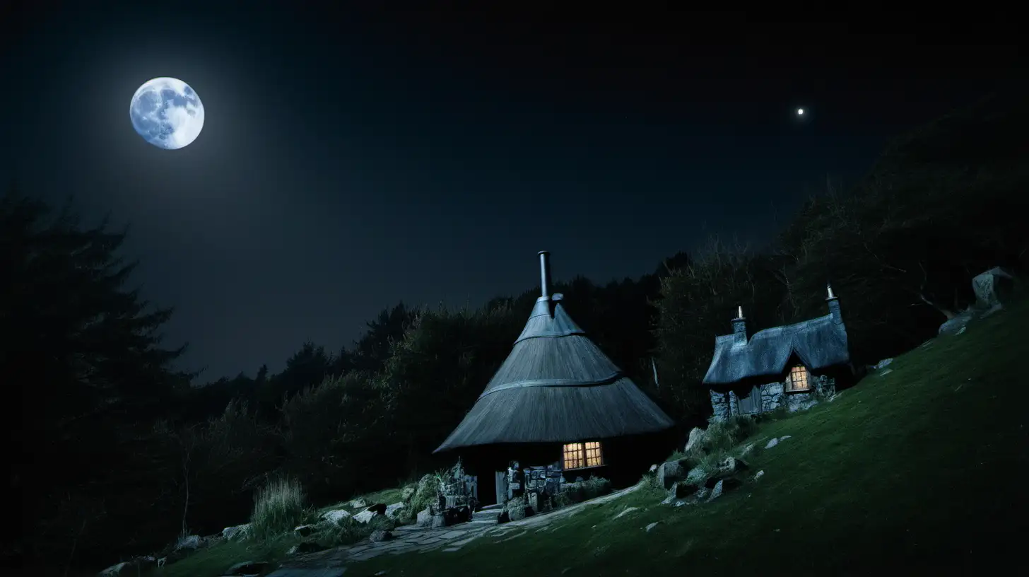 photograph of  hagrids hut in the distance, it is night and the moon is visible.