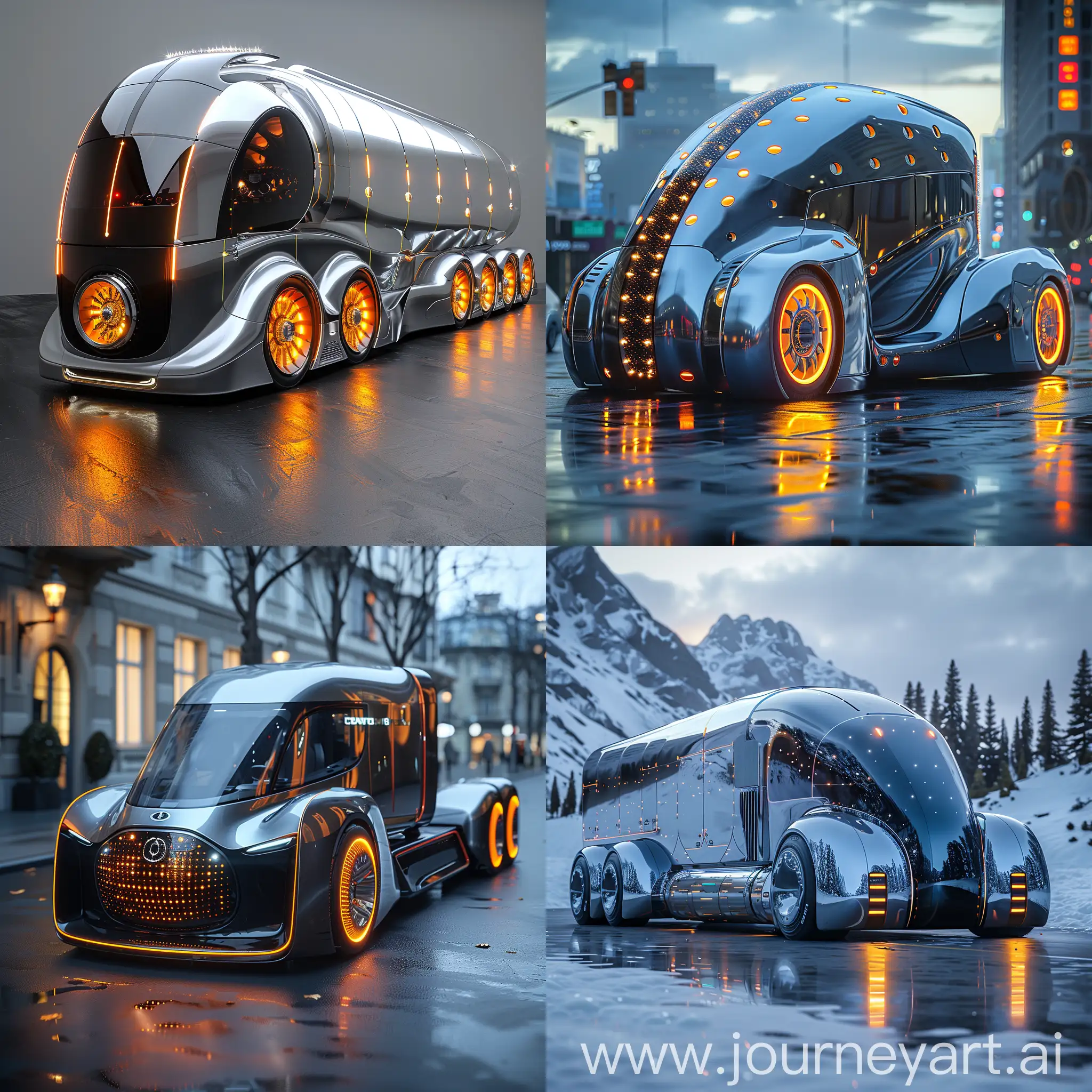 Futuristic truck, ultra-modern, ultramodern, stainless steel, smart materials, high tech, octane render --stylize 1000