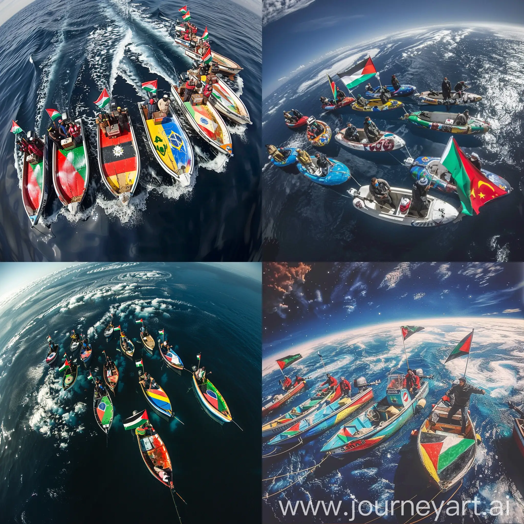 Fishermen with 10 small motorized boats from countries (Brazil, South Africa, Iran, Yemen, Brazil, China, Russia, Mexico, America, Australia) painted their country's flag on the body of the boat, and the fishermen who held the Palestinian flag up towards Palestine  Have had.  View of the image from the top of the Earth's atmosphere
