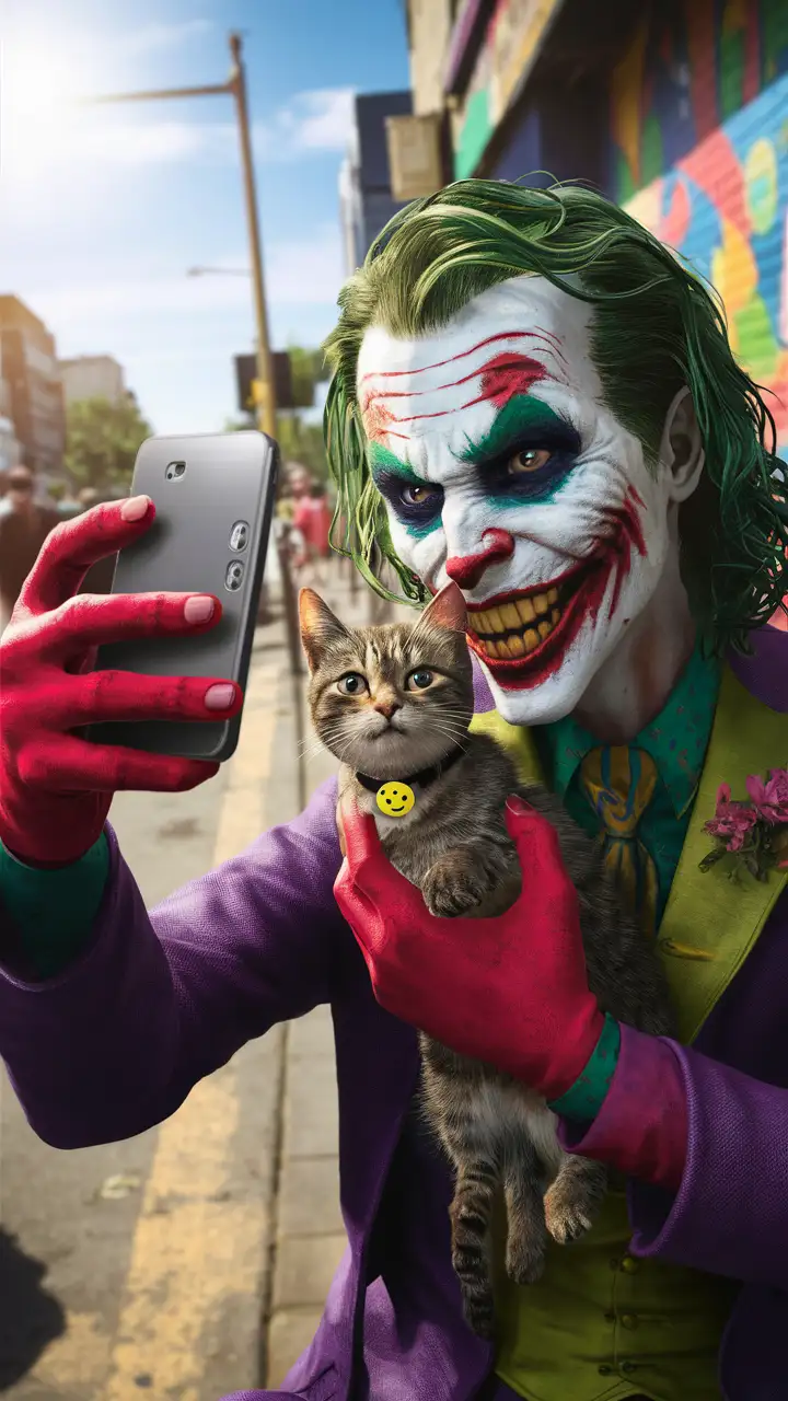 Joker taking a selfie with his cat on the street. Daylight 