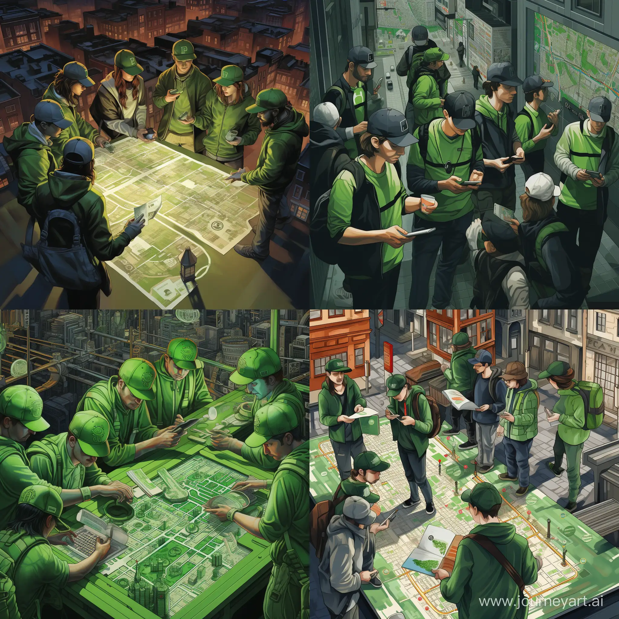 Изображена карта города. В каждой зоне изображены мужчины в зеленых бейсболках с планшетами в руках, в зеленой форме. От каждого мужчины нарисована жирная линия маршрут к разным зданиям.