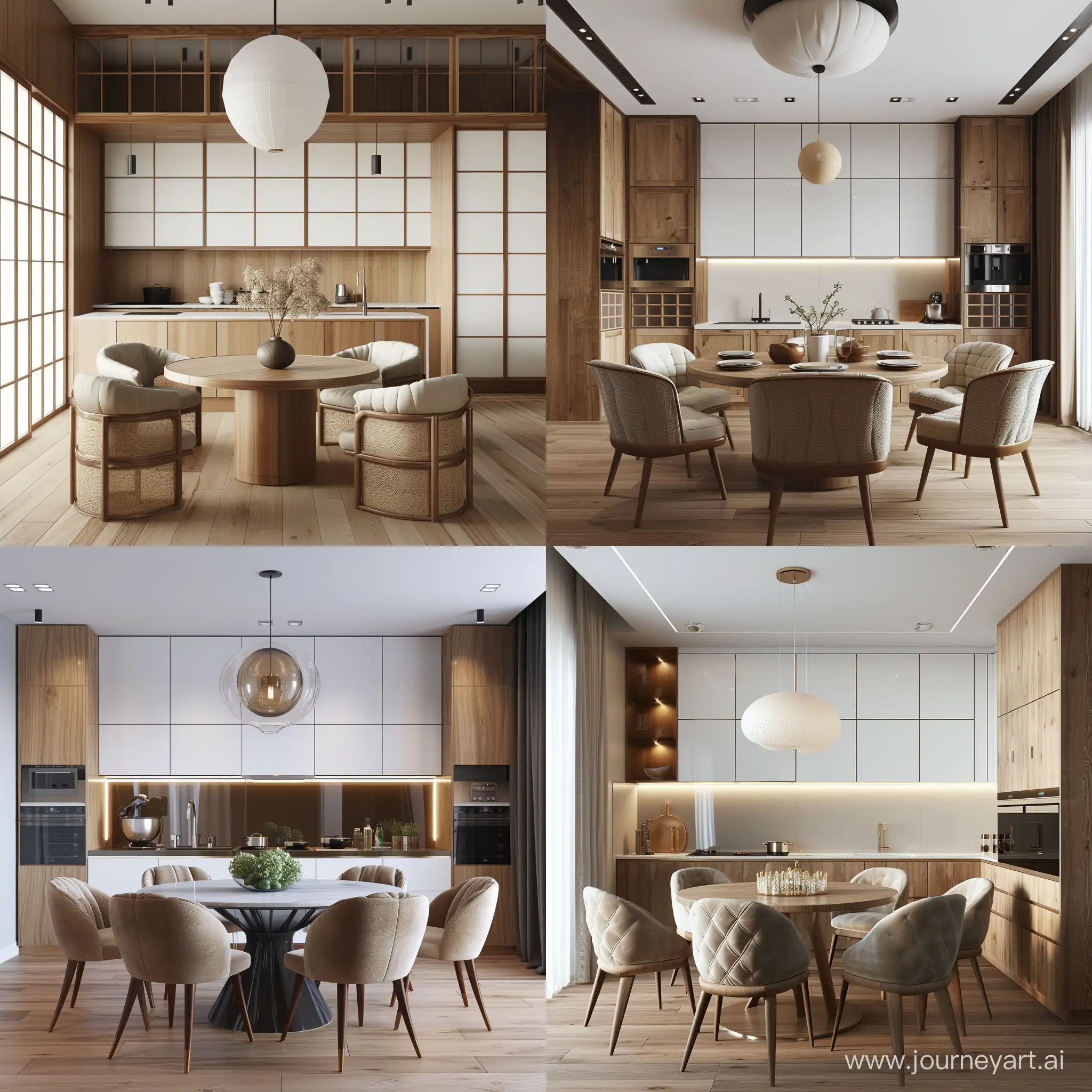 interior of a kitchen measuring 3m by 5m in Japandi style, The kitchen set is linear with white upper facades and lower facades in wood effect, In the center of the room there is a round table with upholstered chairs