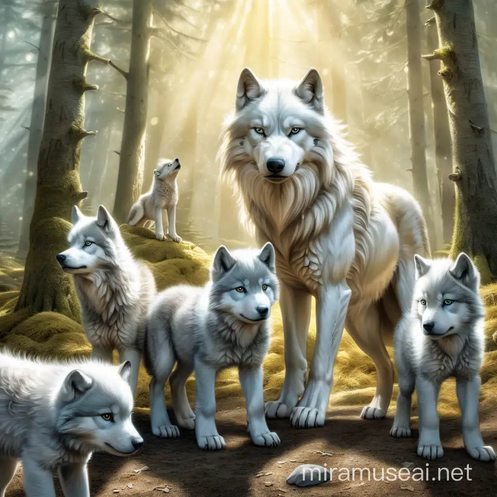 Great white Wolf Spirit, standing guard over a litter of orphaned grey wolf pups, dèp in a sunshine-speckled forest