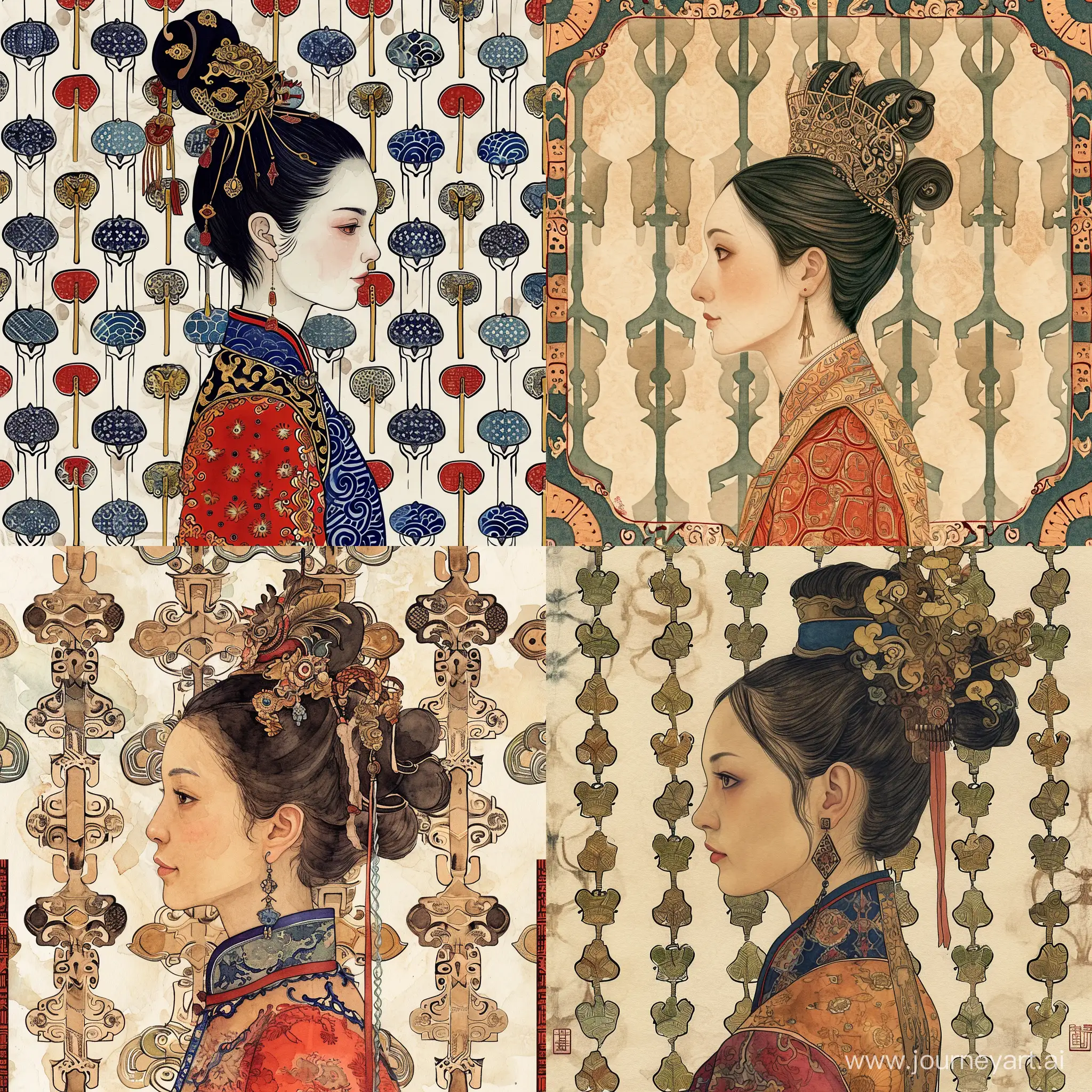 Wife of Qin Shi Huangdi, First Emperor of China, in profile, central portrait, Ancient Chinese Civilization, against a pattern of clubs, fairy tale illustration, stylized caricature, Victo Ngai, watercolor, drawing, decorative, flat drawing.


