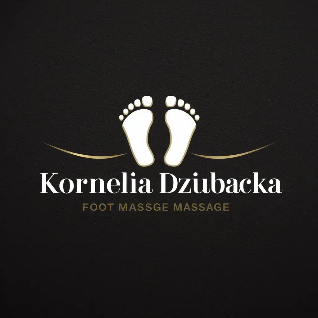 Proposal of a graphical logo for a company offering foot massage, also known as Ashiatsu massage, including the name KORNELIA DZIUBACKA.

This design features two feet, referencing the specialization in foot massage, along with the name "Kornelia Dziubacka" in an elegant style, adding professionalism and a personal touch to the services. I WANT THE LOGO TO ON THE BLACK BACKROUND AND WHITE AND GOLD LETTER

The first and last name should be clear, no fancy, hard-to-read fonts. The logo should be simple, clear, and must include a foot or two feet