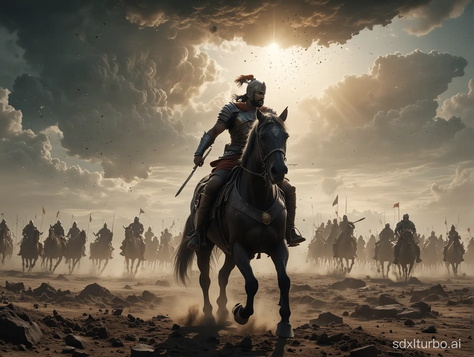 a wide shot of an Indian medieval battlefield, where Maratha troops, led by a superheroic leader, are engaged in a fierce clash with enemy soldiers. The leader, reminiscent of Superman, is depicted flying through the sky with hands aglow with cosmic energy. He exudes power and authority as he manipulates the gravity around him, causing enemy soldiers and their horses to float helplessly in the air.
The scene is bathed in Zack Snyder's trademark cinematic style, with dark, grungy tones adding depth and atmosphere. Shot on Arri Alexa in 4K resolution, every detail of the battlefield is captured with stunning clarity, from the intricate armor of the warriors to the billowing dust clouds kicked up by their movements.