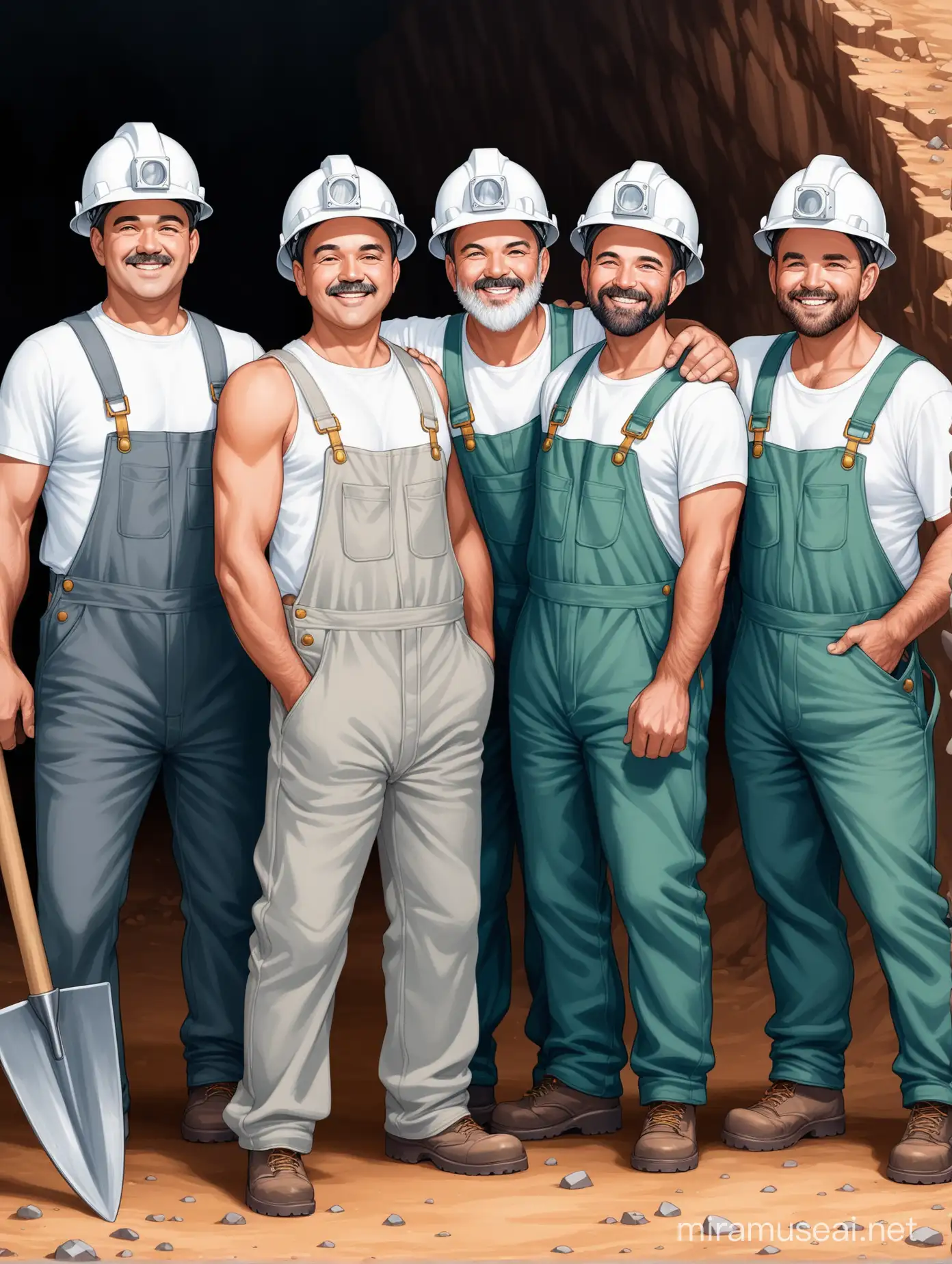 picture is of 5 men. All of them are smiling and posing together. 
You see a man wearing a white t-shirt and gray overalls as well as a mining helmet. 
There are 5 men in that photo. They are wearing different things, but all holding pickaxes. they are miners. They are posed together smiling holding pickaxes. Make it more cartoon
