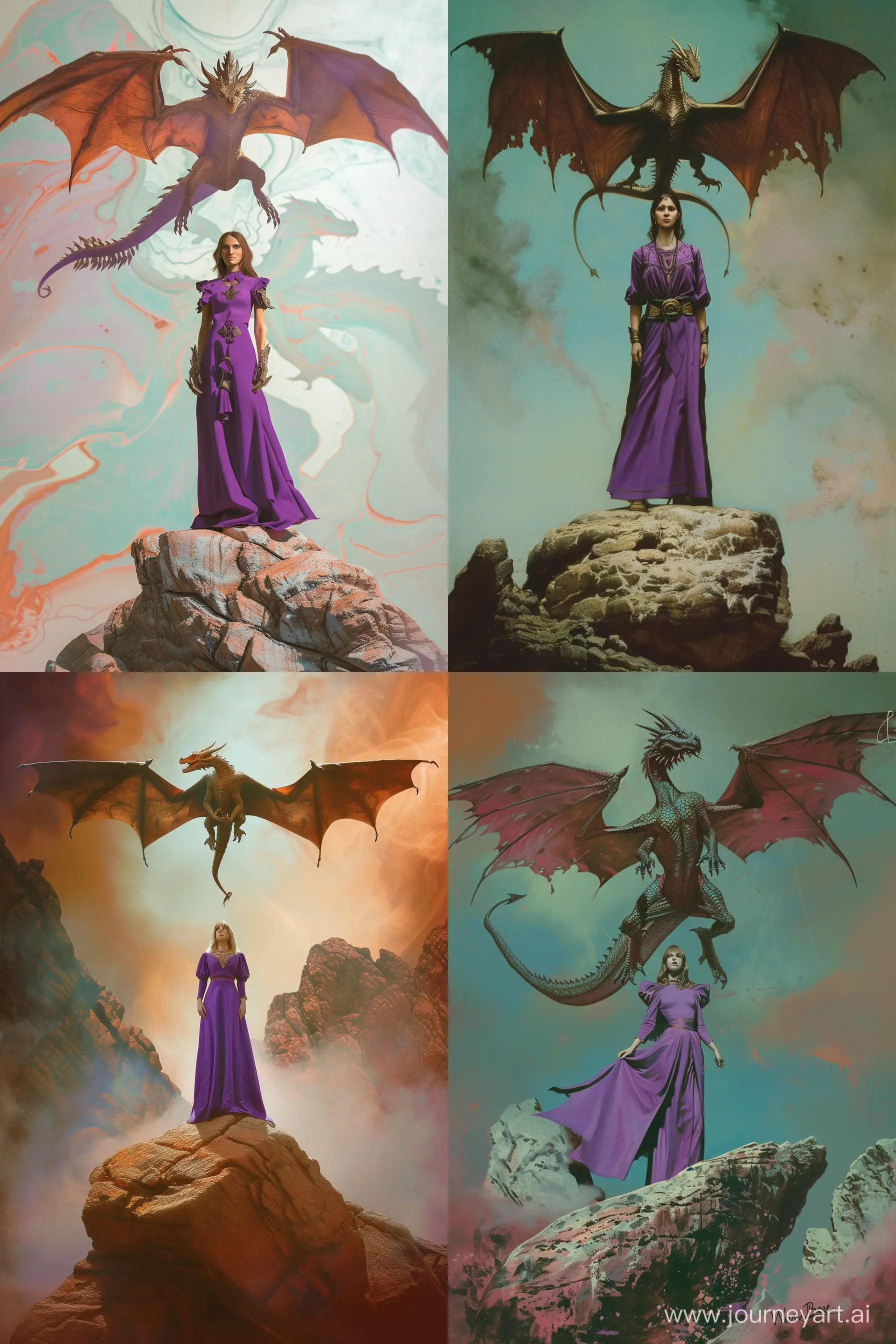 woman in purple standing on a rock with a dragon above her, analytical art style, monumental views, wayne barlow (https://goo.gl/search?artist%20wayne%20barlowe), light crimson and azure, wistlerian, esoteric, balance --ar 2:3 --v 6.0