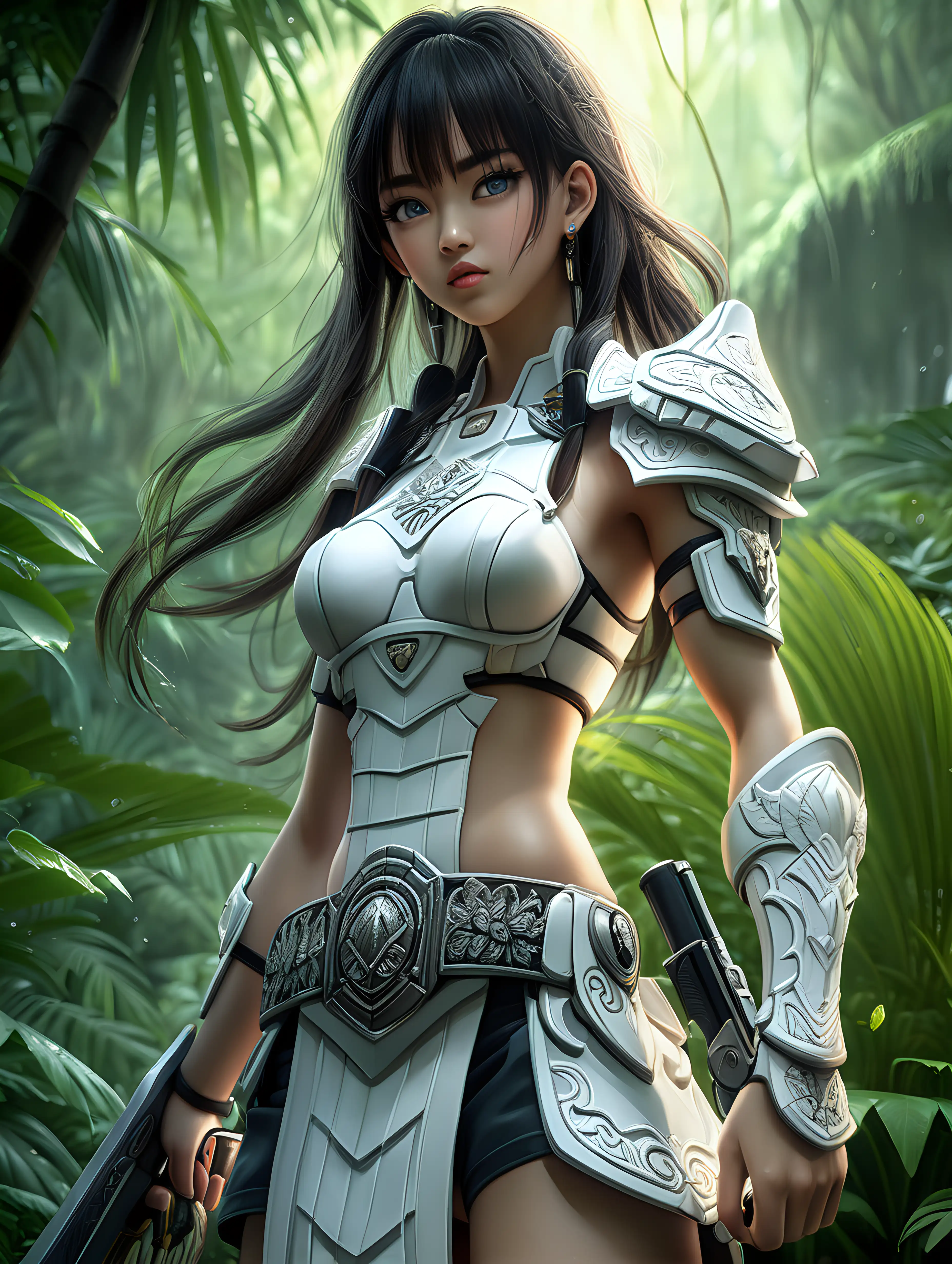 (cinematic lighting), An anime beautiful girl warrior immersed in the lush and mysterious landscapes of a Vietnam jungle. Envision her clad in practical yet elegant white warrior attire, Her eyes reflect a mix of determination and vigilance, showcasing her readiness for any challenge that may arise in the dense foliage, wet clothes, full body photo, angle from below, intricate details, detailed face, detailed eyes, hyper realistic photography,--v 5, unreal engine