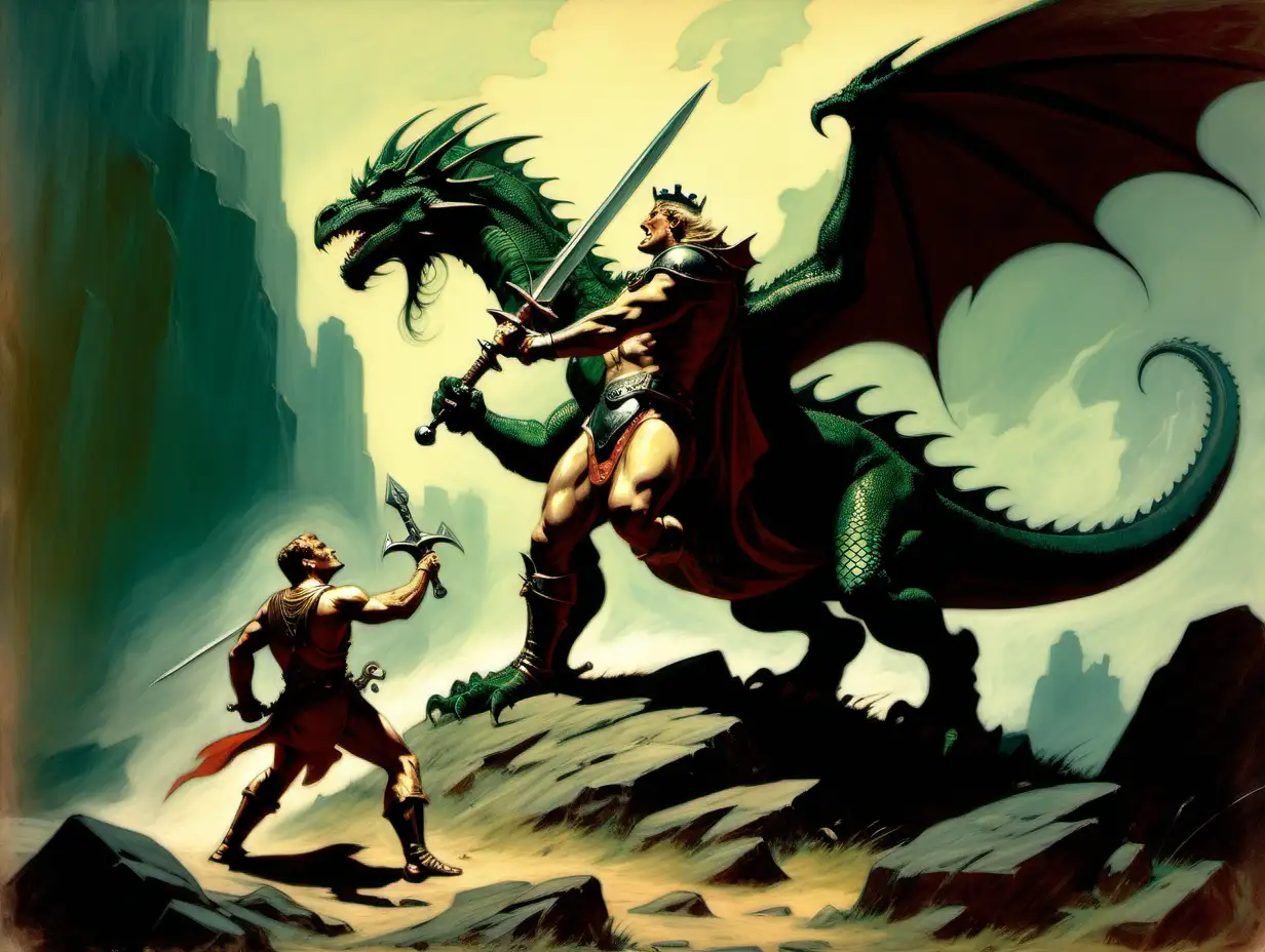 King Arthur Defeats Dragon in Epic Frank FrazettaInspired Scene