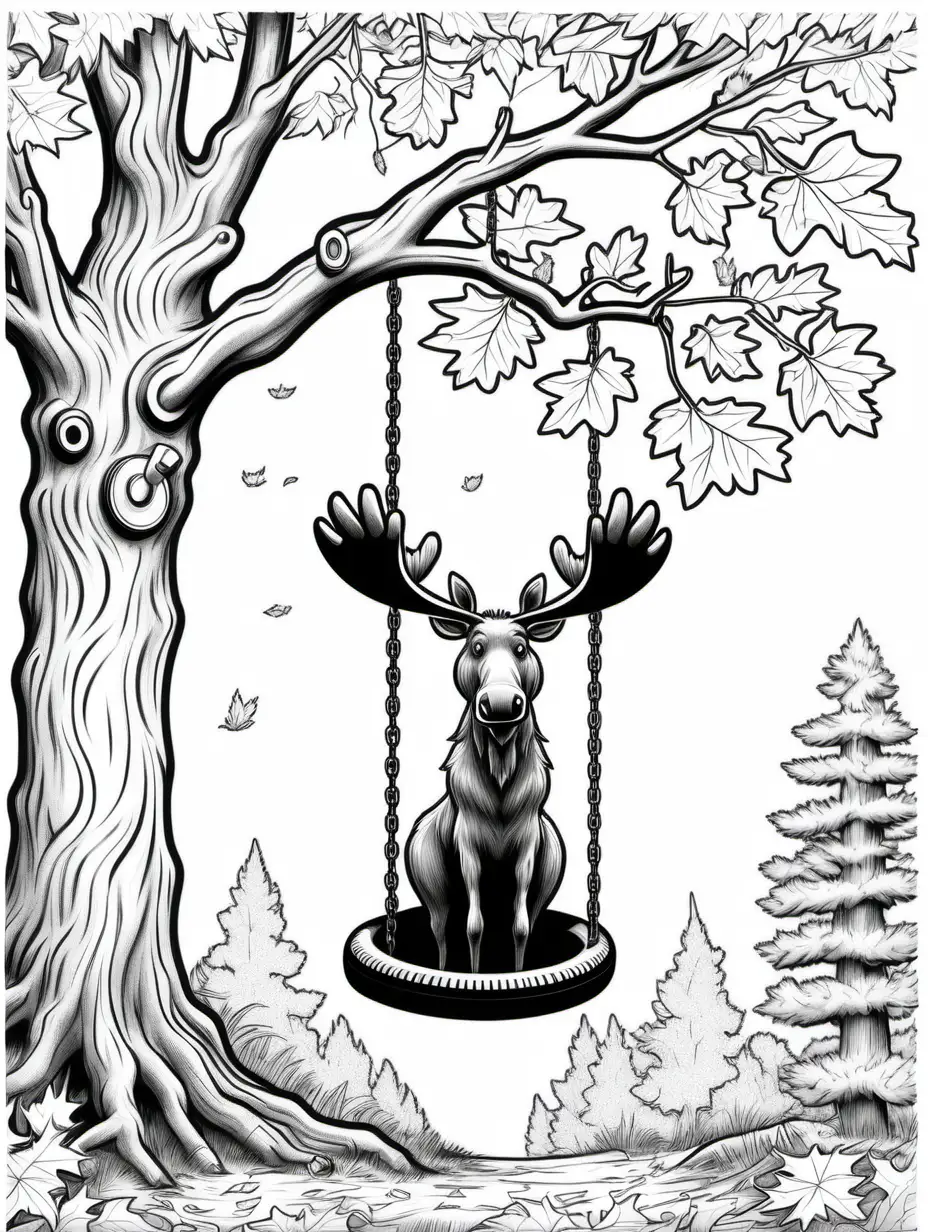 a tire swing with a moose on it in an oak tree coloring book, black and white, individual oak leaves, no shading, no background, thick black outline