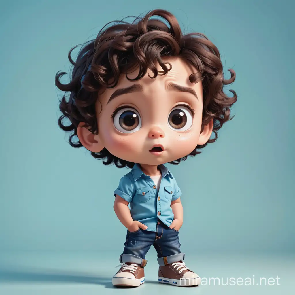 A surprised male kid have a 4 years old , light skin, dark brown big eyes, dark brown wavy hair, blue shirt with short jeans and white shoes , cartoon type