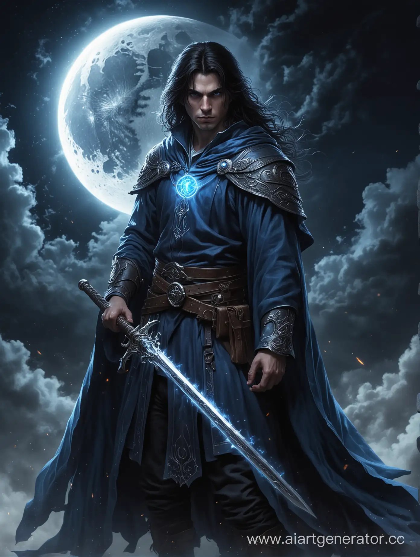Молодой волшебник, синий плащ, на фоне луны, глаза светятся внутренним синим огнем, темные волосы до плеч, в руке меч, суровый взгляд, высокое качество, высокая детализация