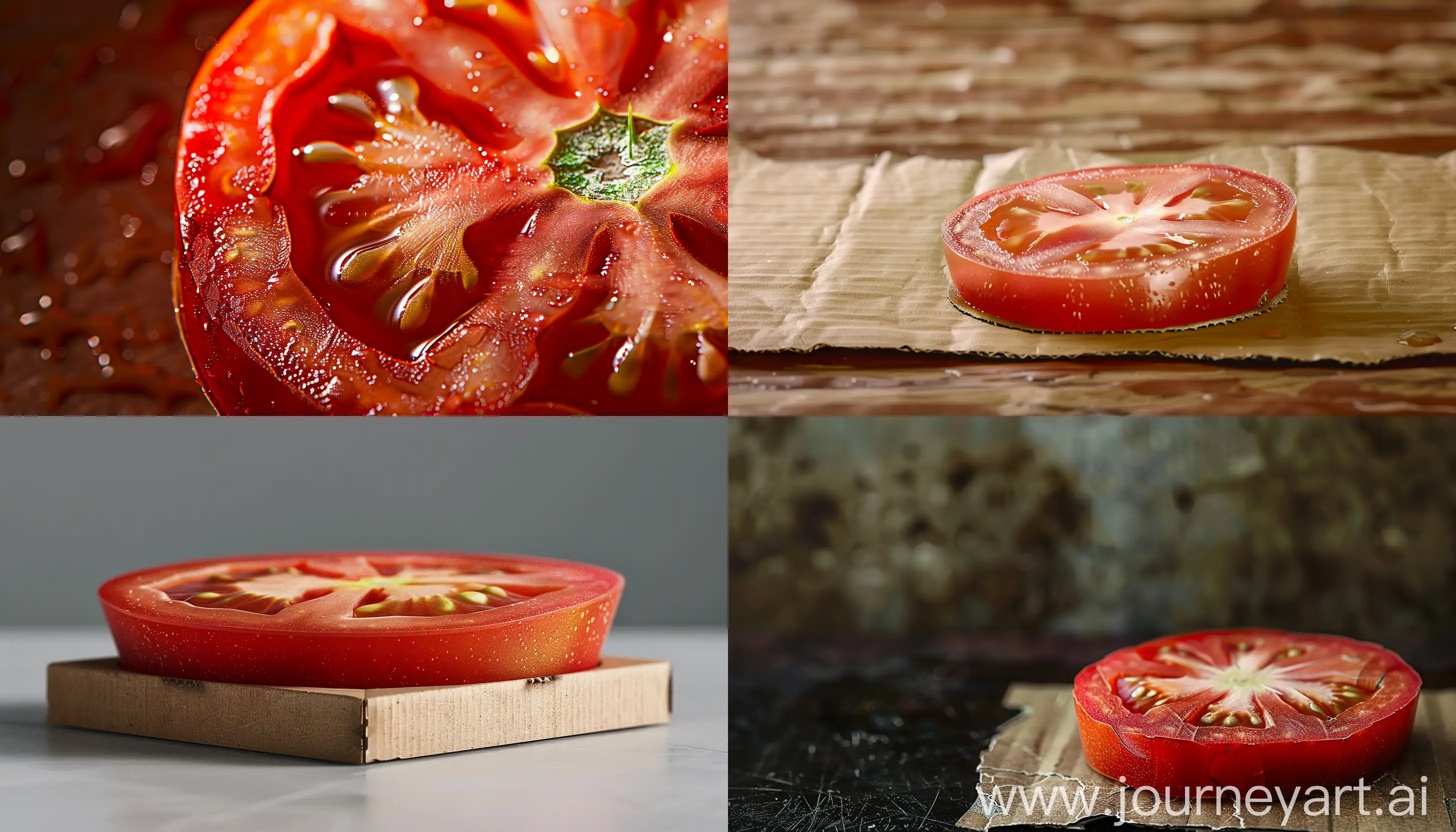 Tomato slice cardboard macro photo, refined, small grain, ultra realistic, fast shutter, f1.8, 85mm lens, 16k, Canon 5D --ar 7:4 