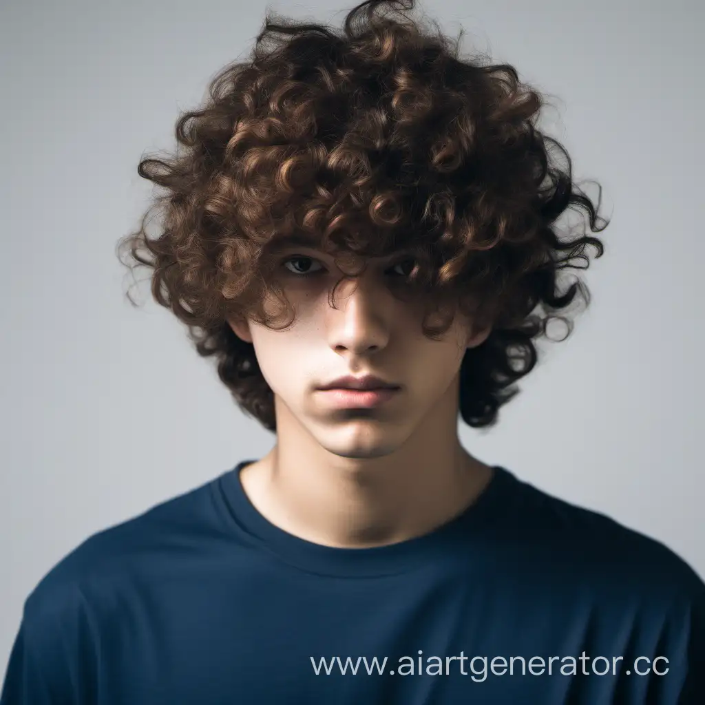 20 years old guy with short curly brown hair cover his face with dark blue t-shirt