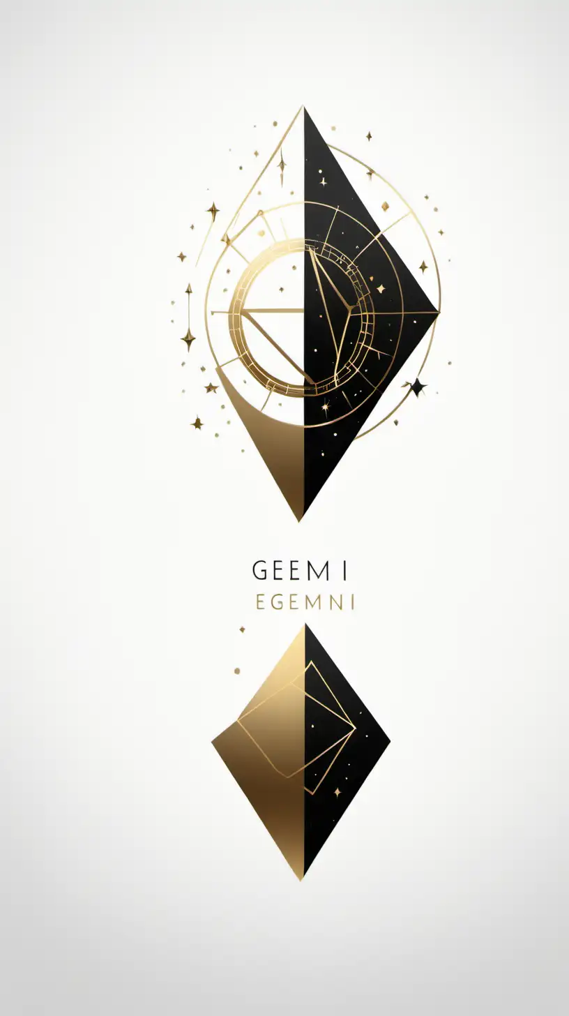 Realistic Gemini Zodiac Geometrics in Black White and Gold on an Empty White Background