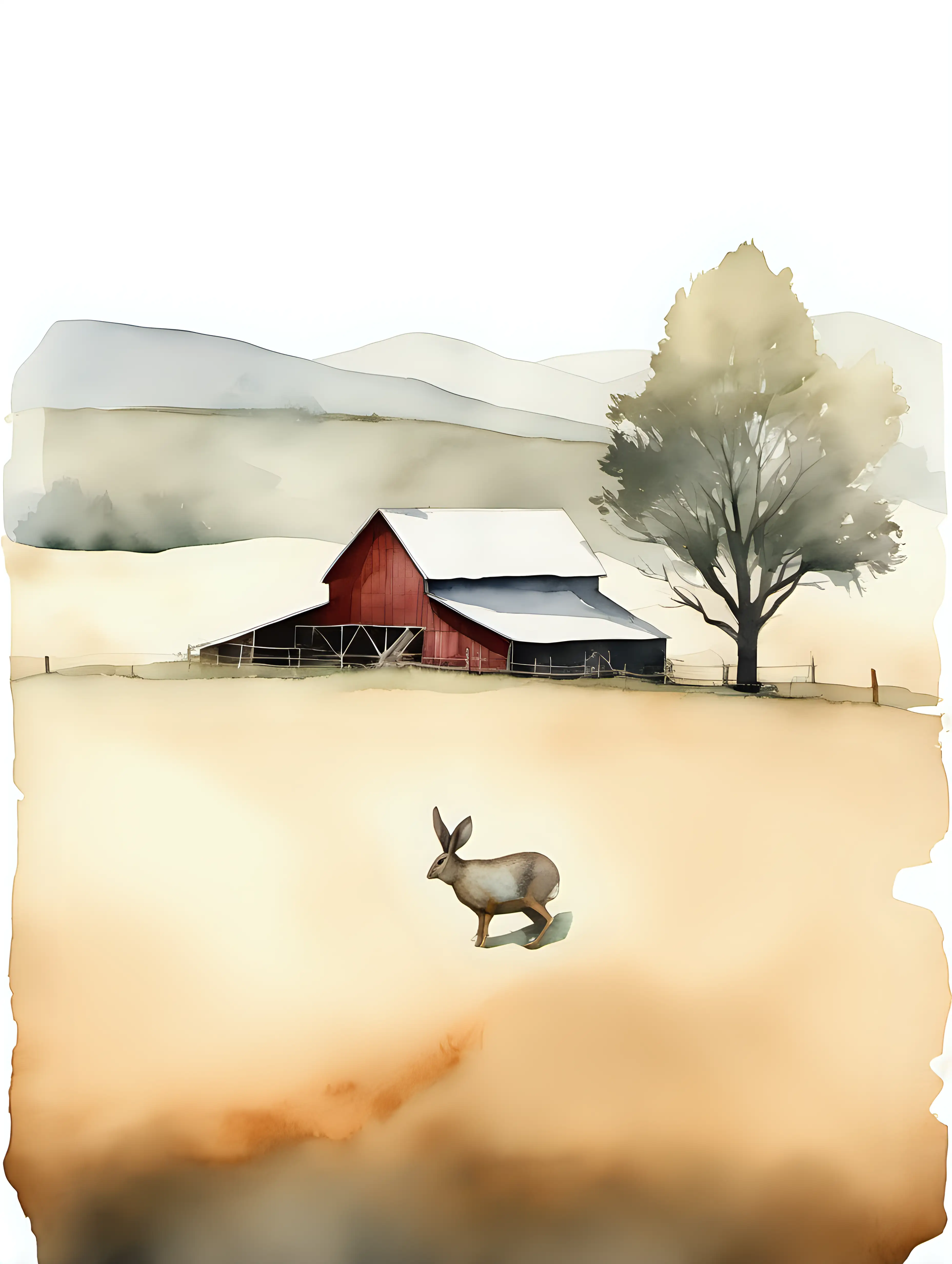 Tranquil Watercolor Jackalope Farm Scene