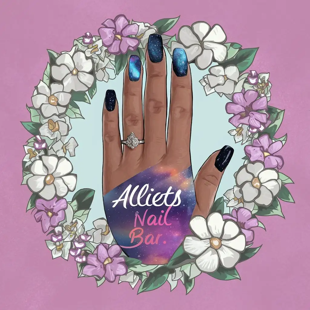 LOGO-Design-For-Alliets-Nail-Bar-Cosmic-Hand-with-Exotic-Nail-Art-and-Floral-Surroundings