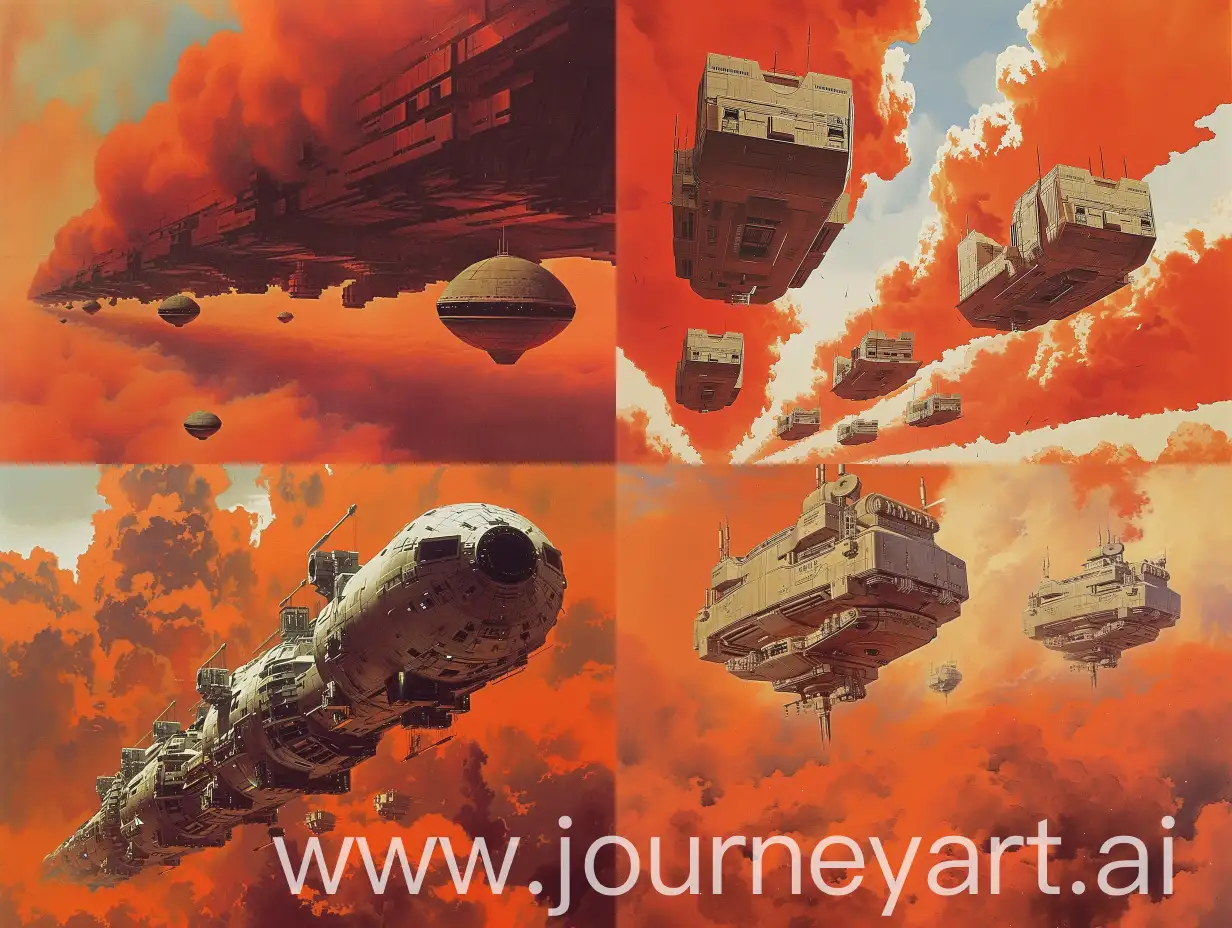 70s concept art of the streets of a single ellipsoidal space station floating in reddish, orange-hued clouds by Ralph McQuarrie. Old retro science fiction art. in color. brilliant sky. 