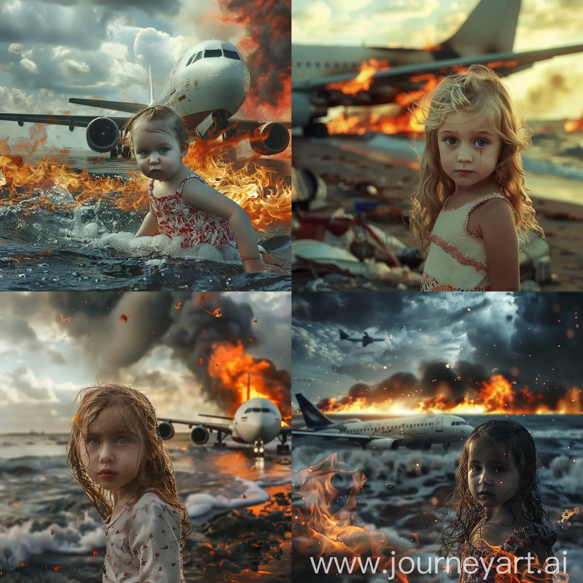Adorable-Little-Girl-Flying-Airplane-over-the-Sea-with-Fiery-Sky