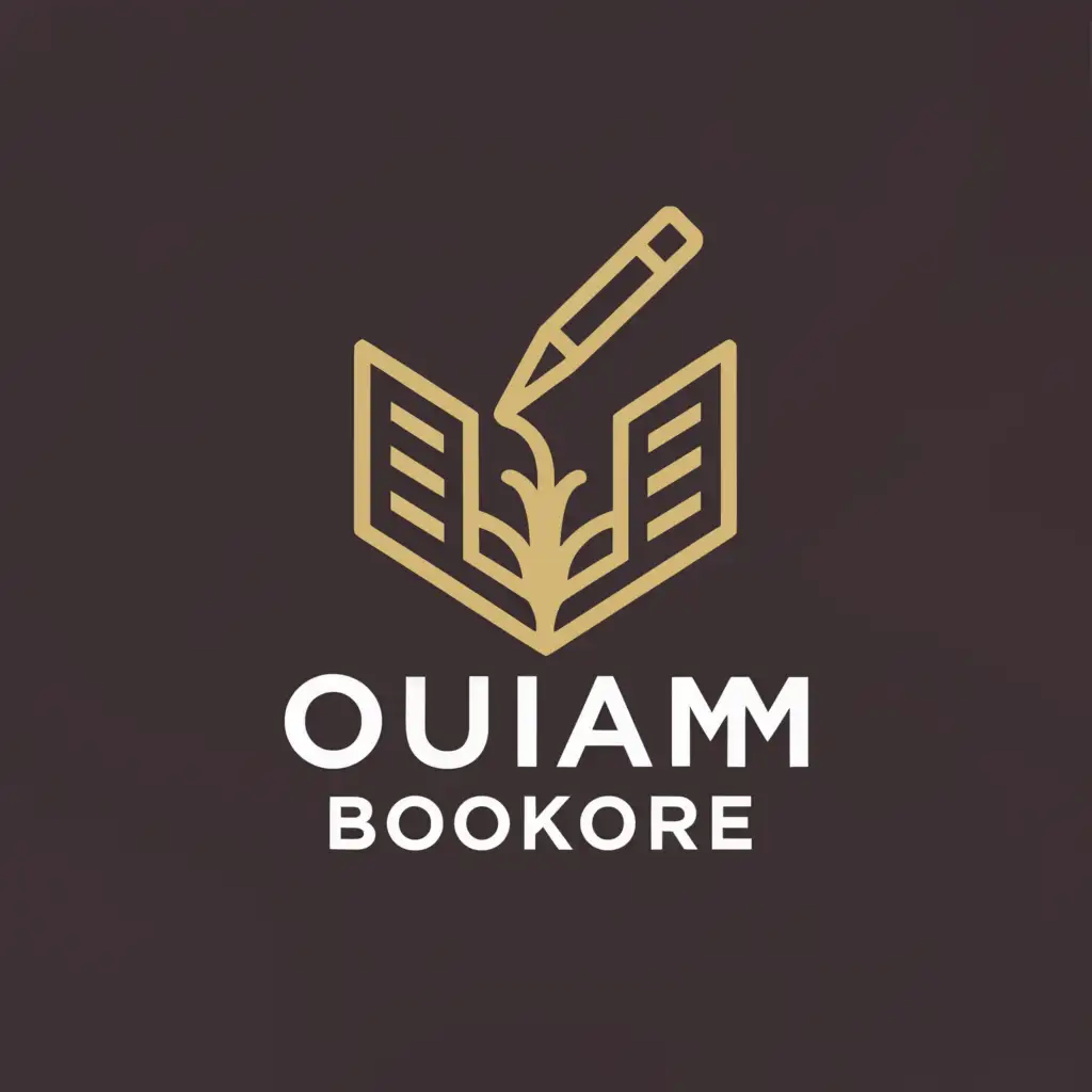 a logo design,with the text "Ouiam Bookstore", main symbol:pen and book,Moderate,be used in Education industry,clear background