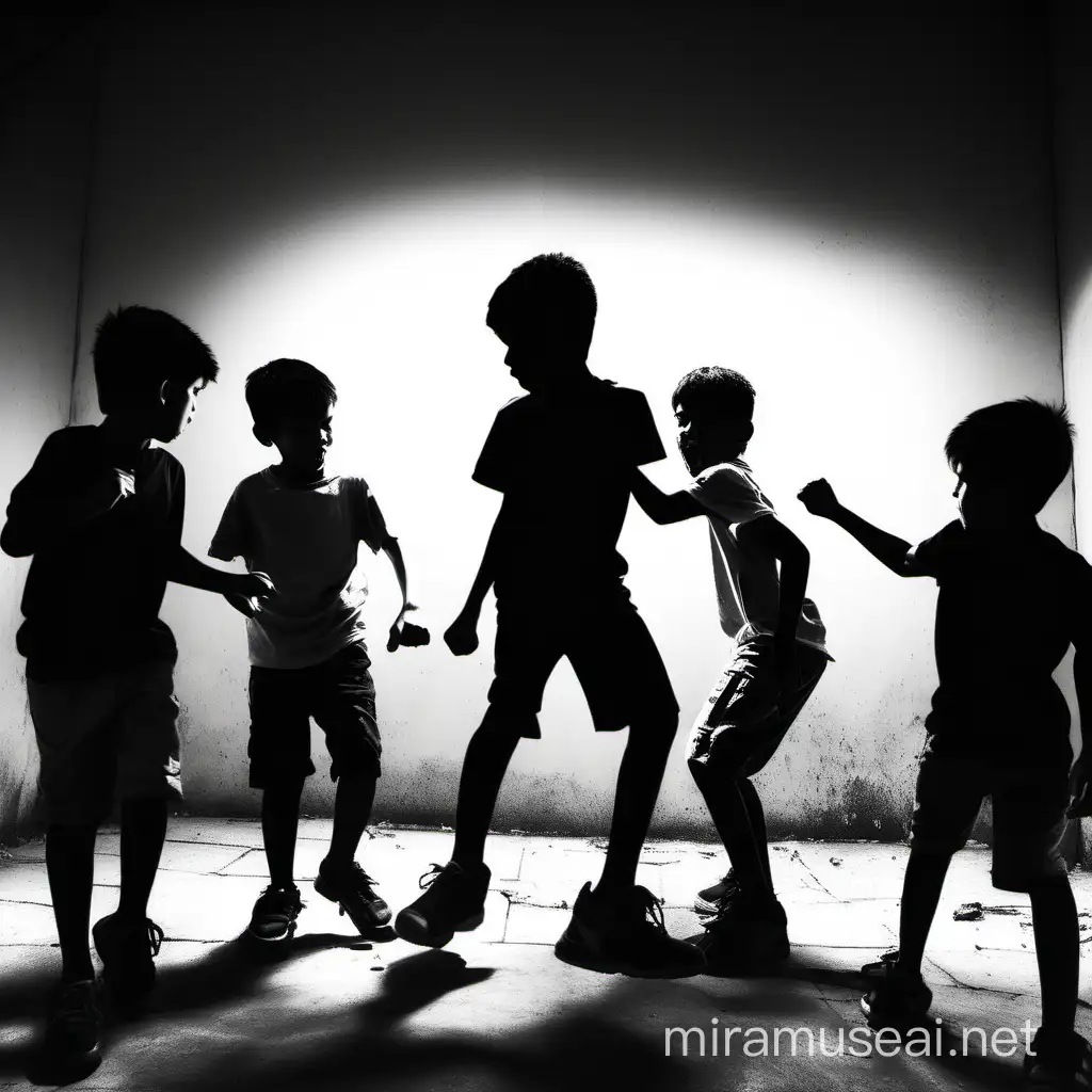 image style look dramatic feel background white and subject fully black like shadow and  the concept of the image is the boy's there friends getting angry and start fight with the boy. this image in curiosity camera angles. 