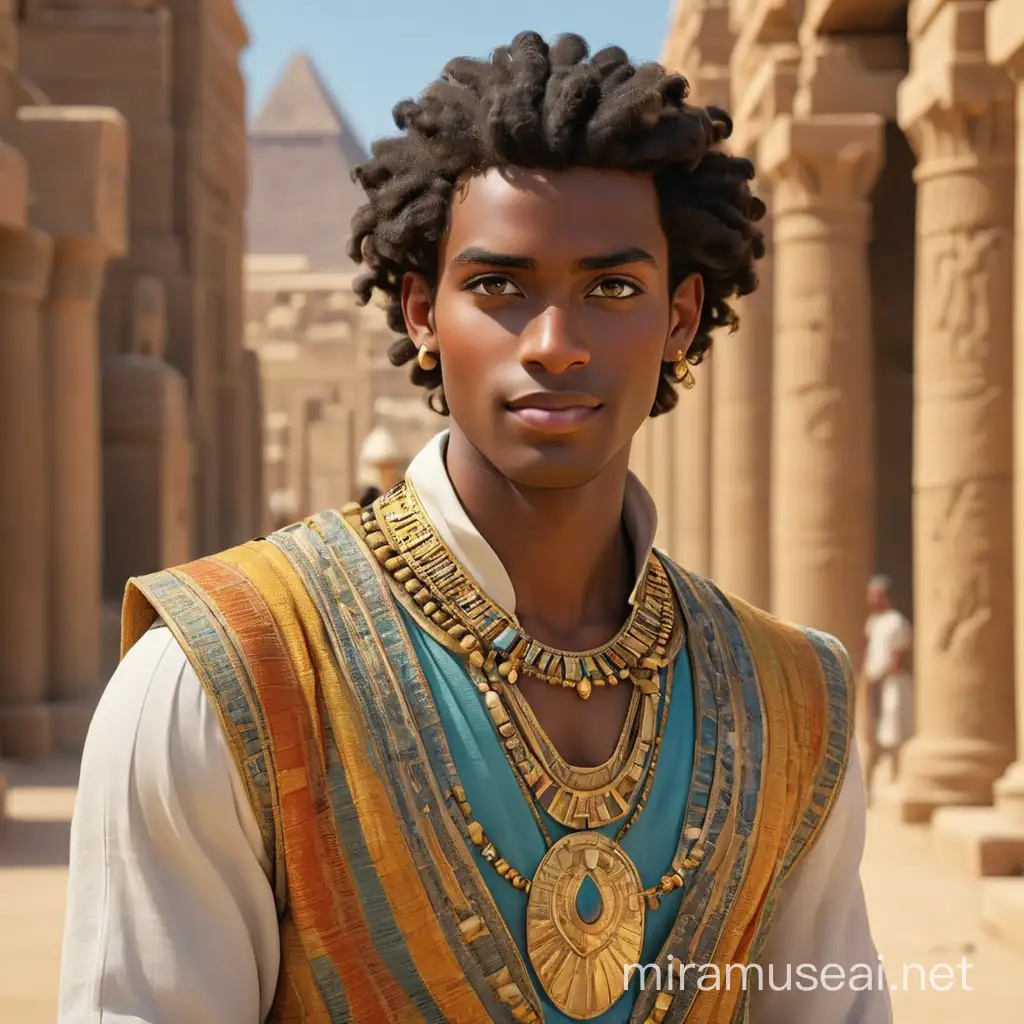 a young adult and most handsome happy prince king oswiris in ethnic costume ancient egypt of very pretty colors. black skin color.