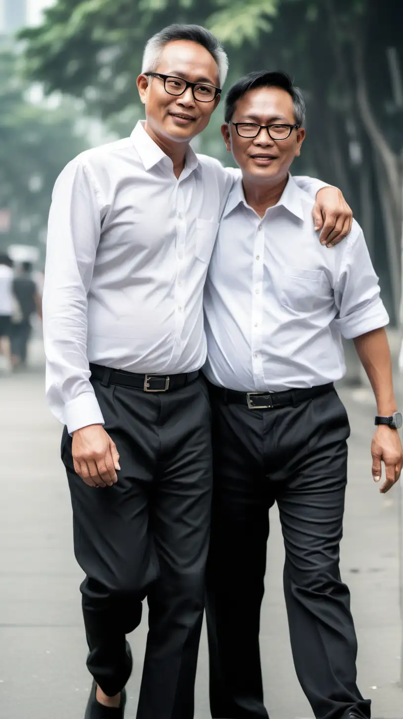 2 south east asian man, in their 50s, wearing glasses, short hair, wearing white button up and black pants, embracing each other while walking