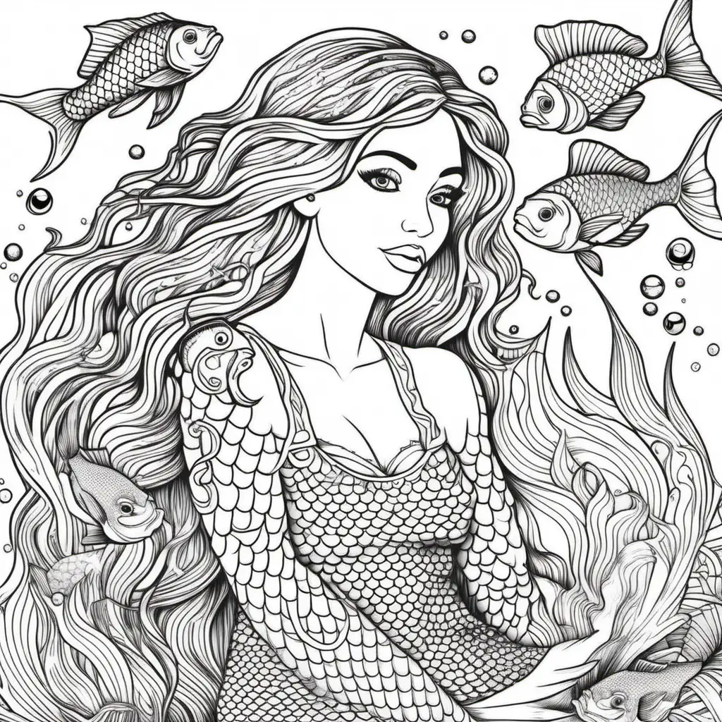 adult coloring page, mermaid with fish, white background