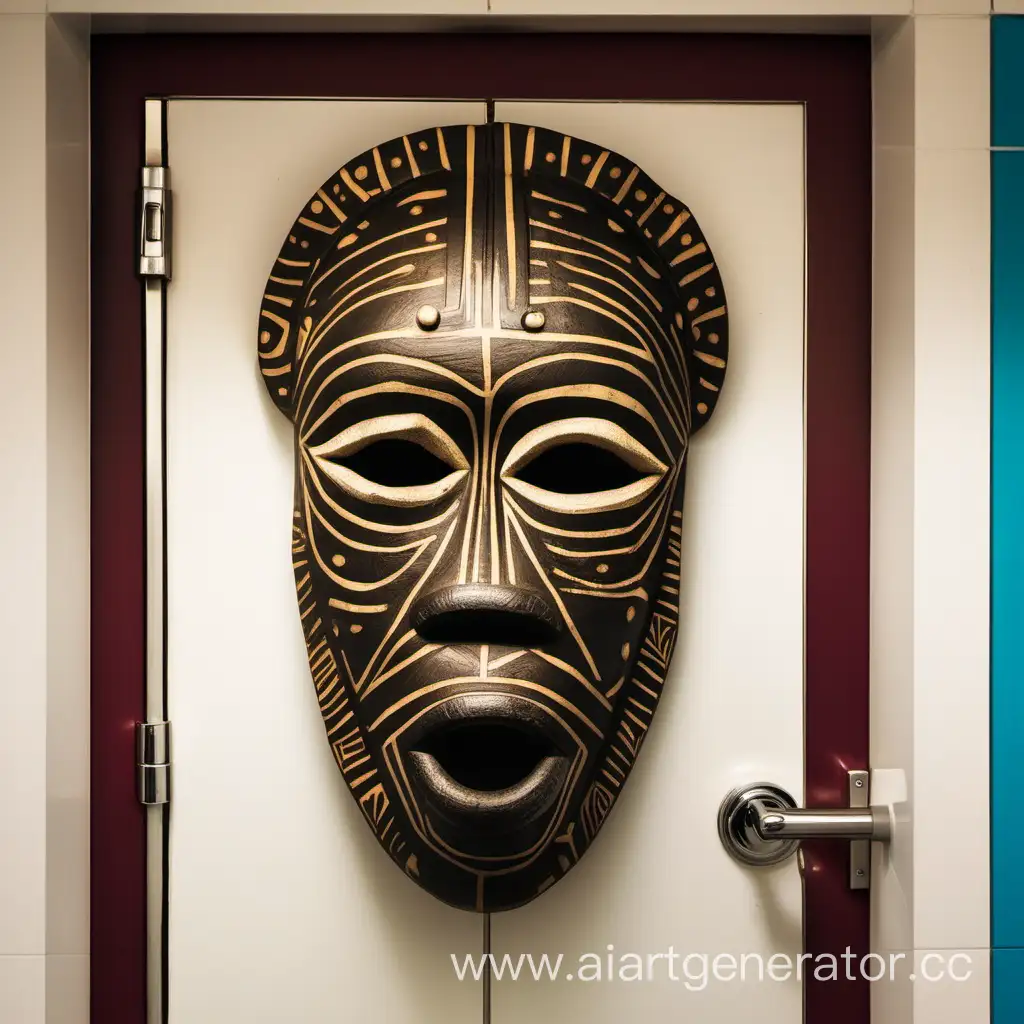 табличка над дверью туалета в виде африканской маски