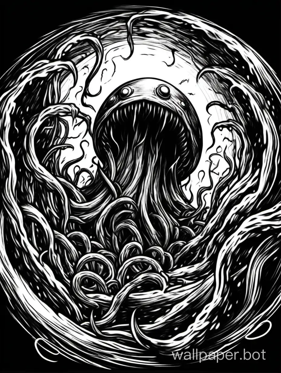 circular lightning dark tentacles, sketch black drawing, horror, hatch explosive, hatch chaotic, white background,