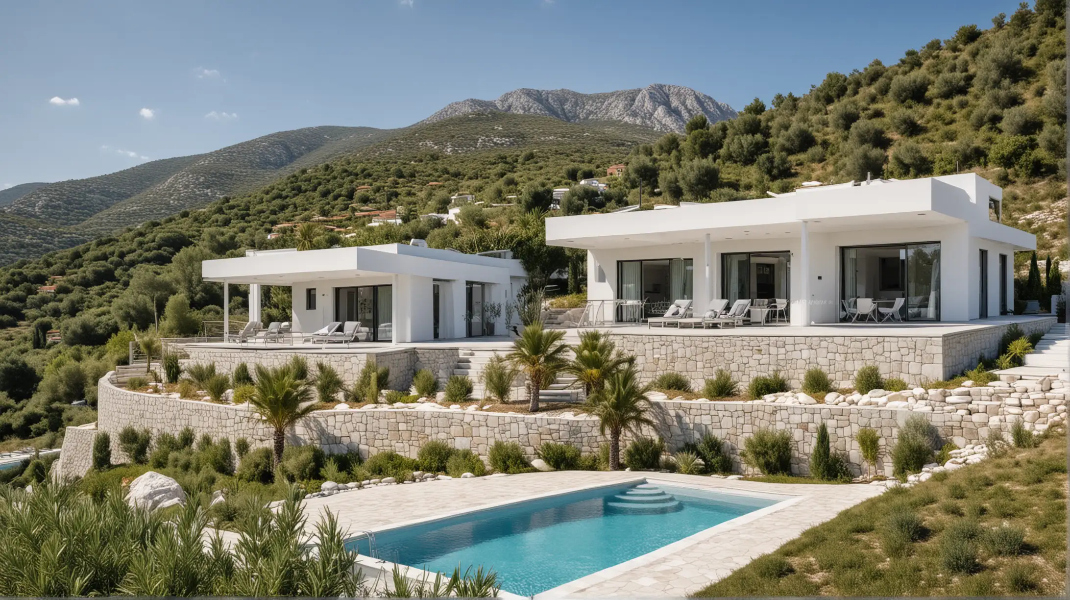Erstelle ein Bild auf dem ein moderne Fertighäuser zu sehen sind auf einer Fläche von 20x25 m2 in Montenegro, stilvoll, Lustica Bay, Tivat, mit Mandarinenbäumen und pool